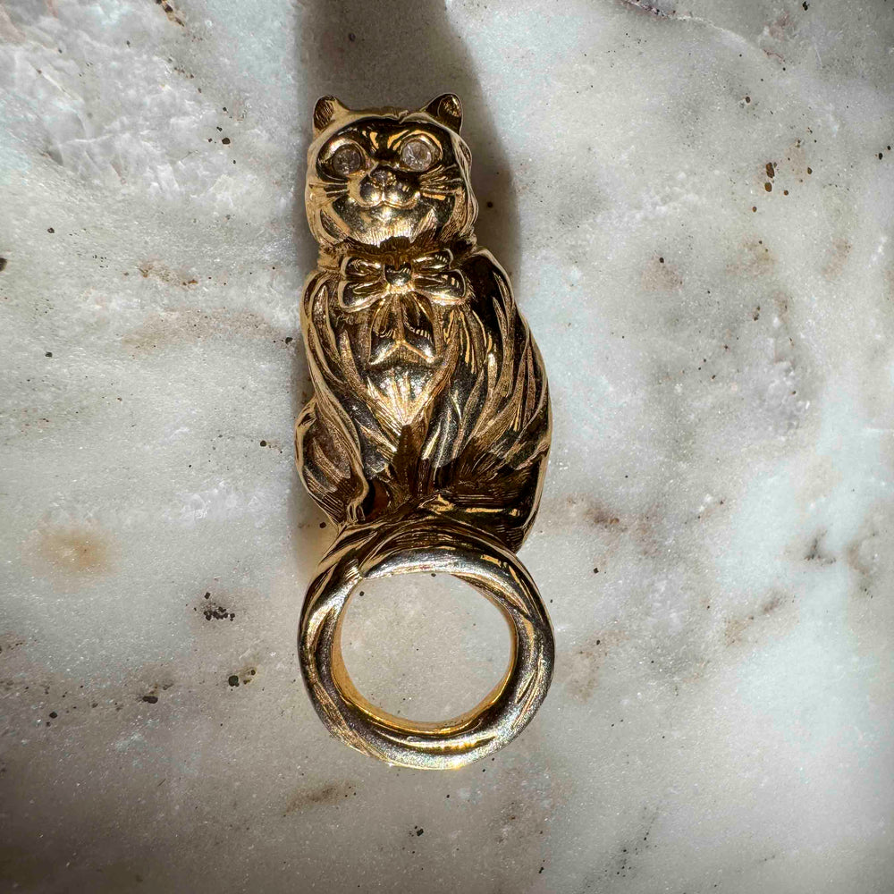 Vintage Cat Brooch - Gold Tone With Crystal Eyes