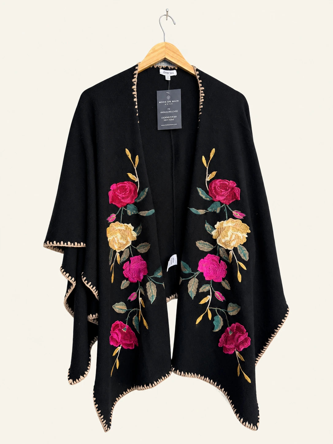 Pre-loved Johnny Was Black Rose-Embroidered Open-Front Wrap with Contrast Stitching - One Size
