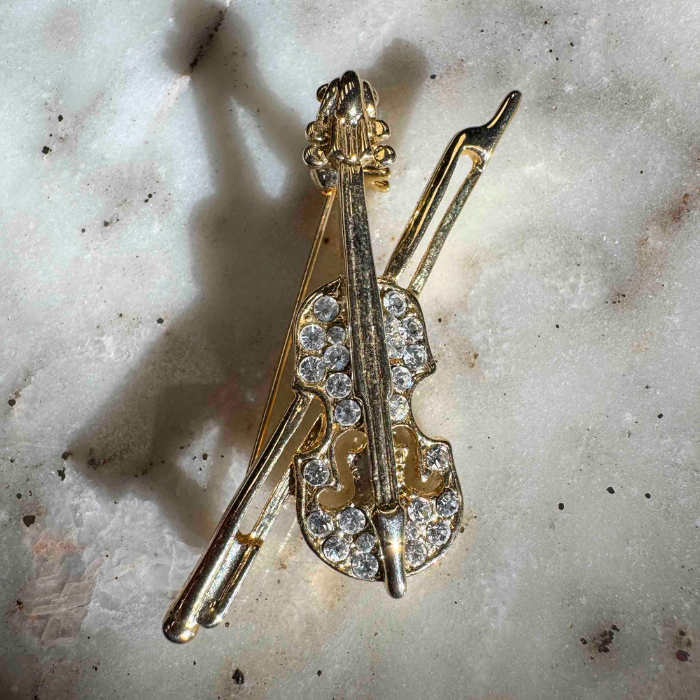 Vintage Rhinestone Violin Brooch – Gold Tone Music Lover Pin