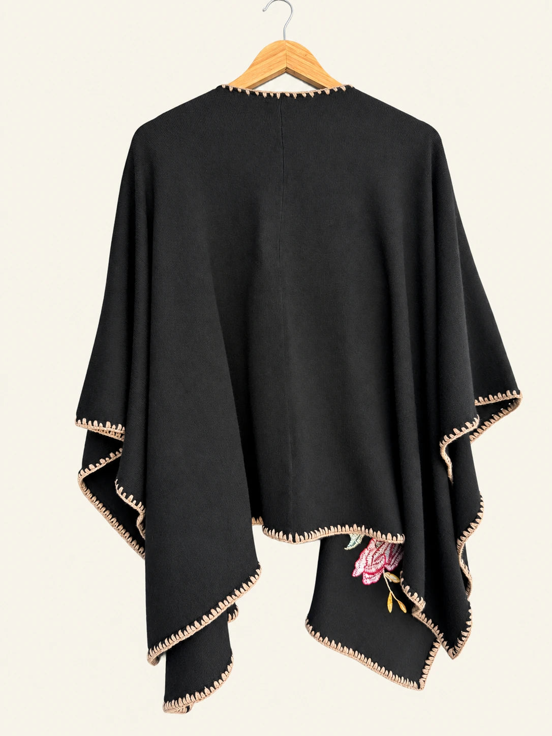 Pre-loved Johnny Was Black Rose-Embroidered Open-Front Wrap with Contrast Stitching - One Size