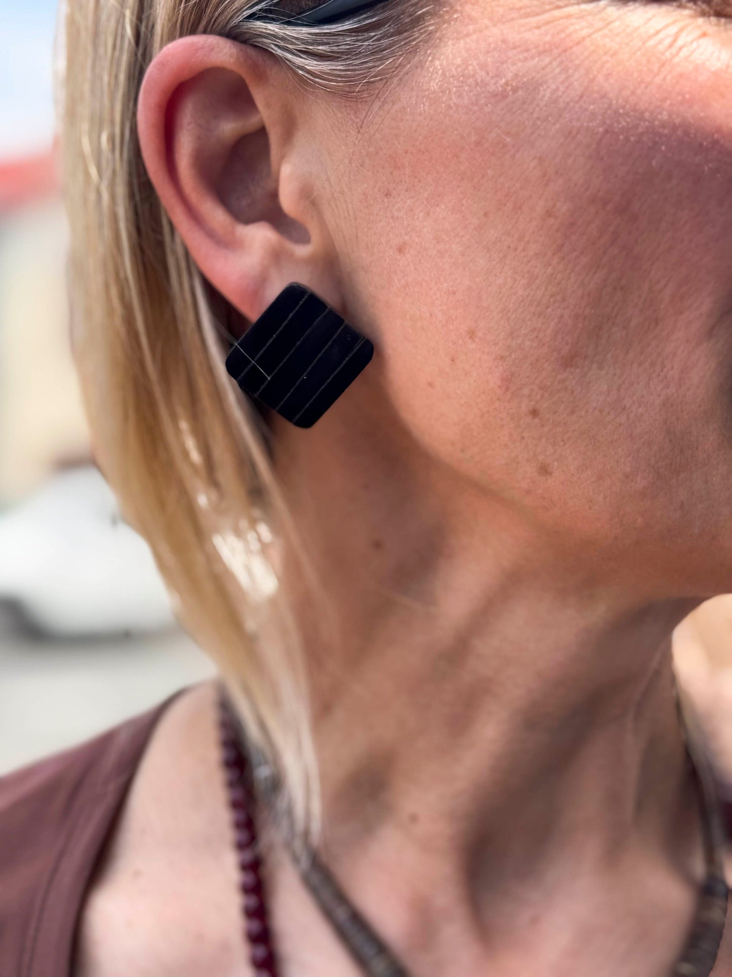 Vintage Black and Brown Square Striped Stone Earrings