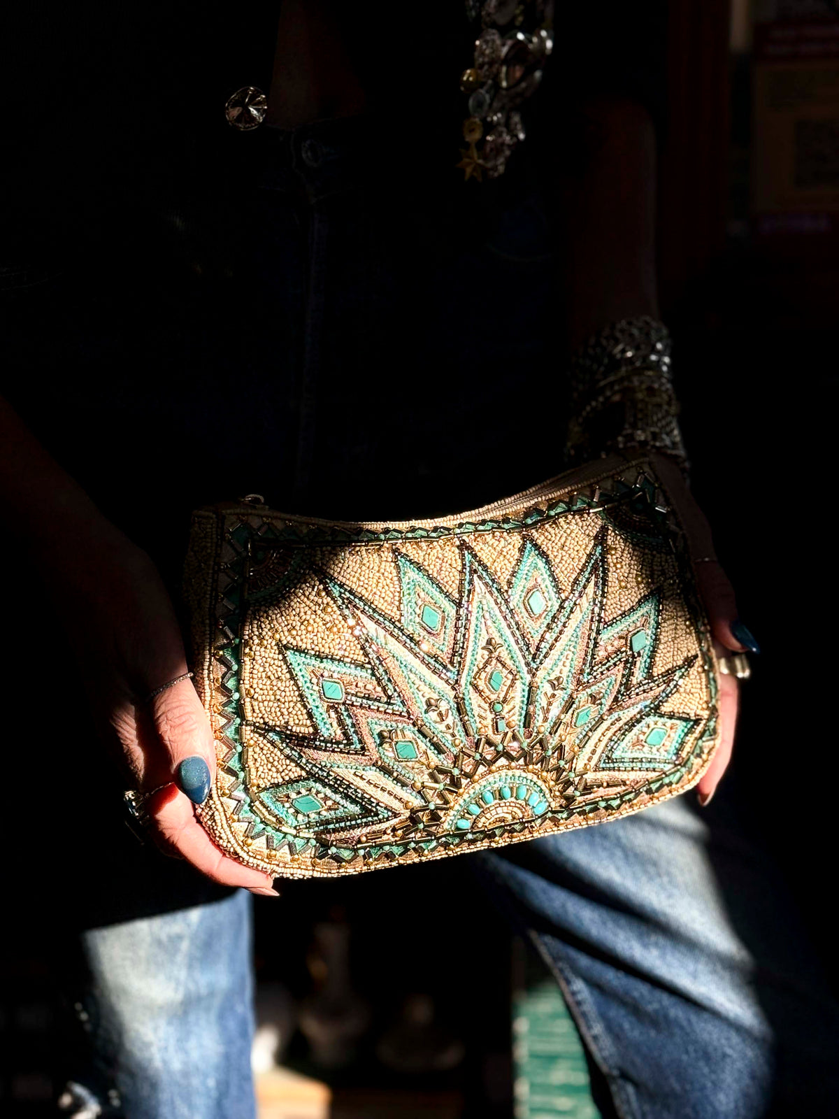 Pre-Loved Mary Frances Beaded Beige and Turquoise Crossbody Bag