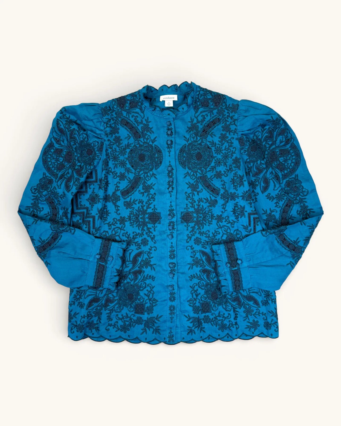Pre-loved Embroidered Teal Sundance Blouse - Size S