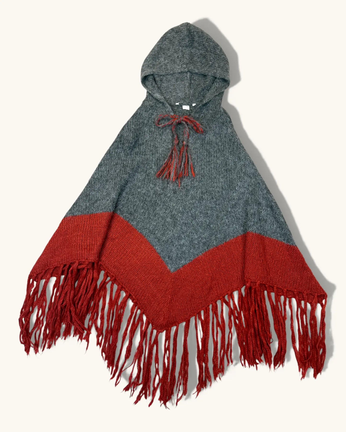 Vintage Orange & Gray Hooded Poncho - Size L