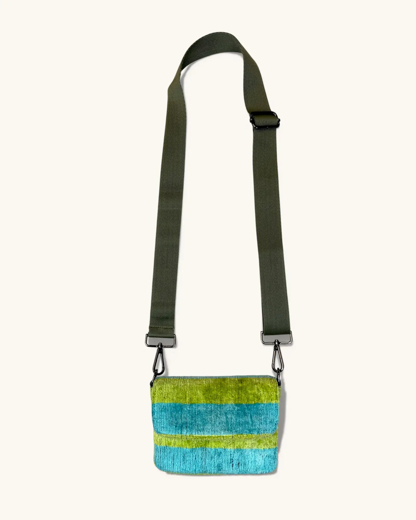 New Wolf & Willa Blue/Green Striped Silk Velvet Crossbody Handbag