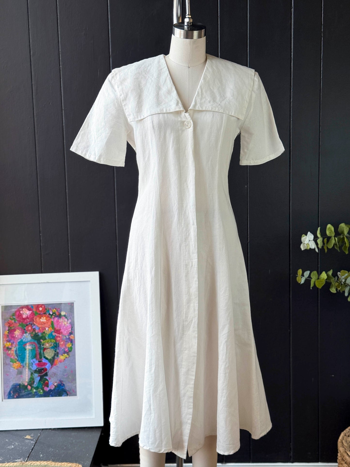Mode Edit Vintage Jennifer Eden White Sailor Style Maxi Dress With Floral Embroidery - Size S
