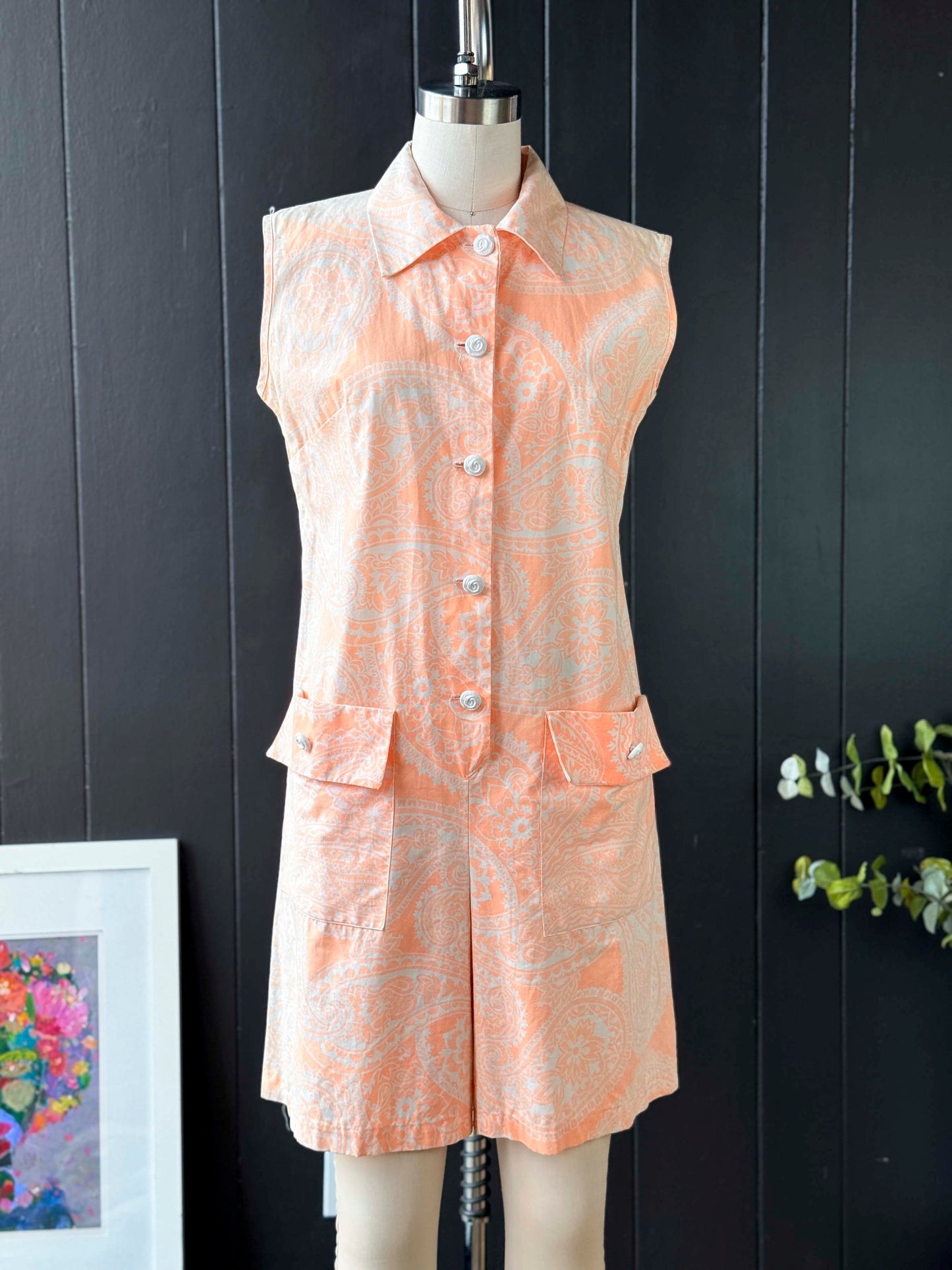 Vintage Peach Paisley Romper With White Rose Buttons - Size S