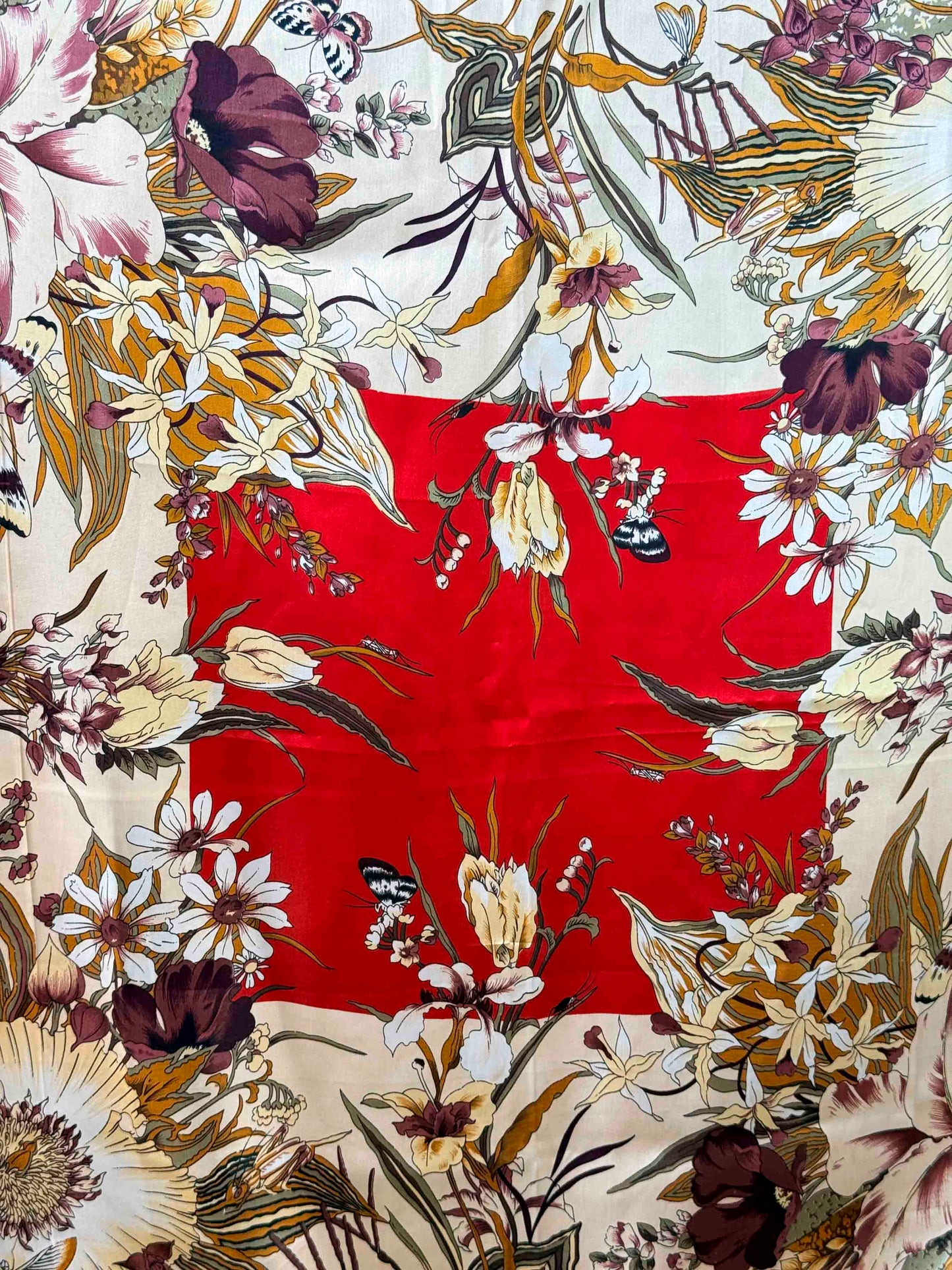 Pre-loved Red & Neutral Floral Butterfly & Critters Scarf