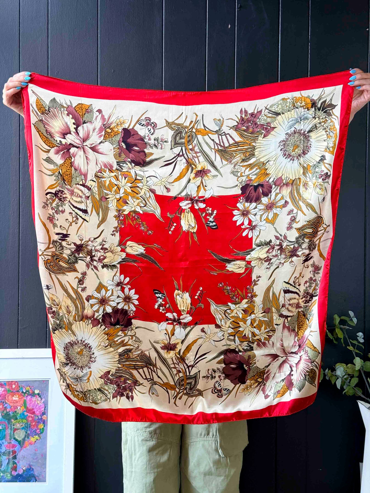Pre-loved Red & Neutral Floral Butterfly & Critters Scarf