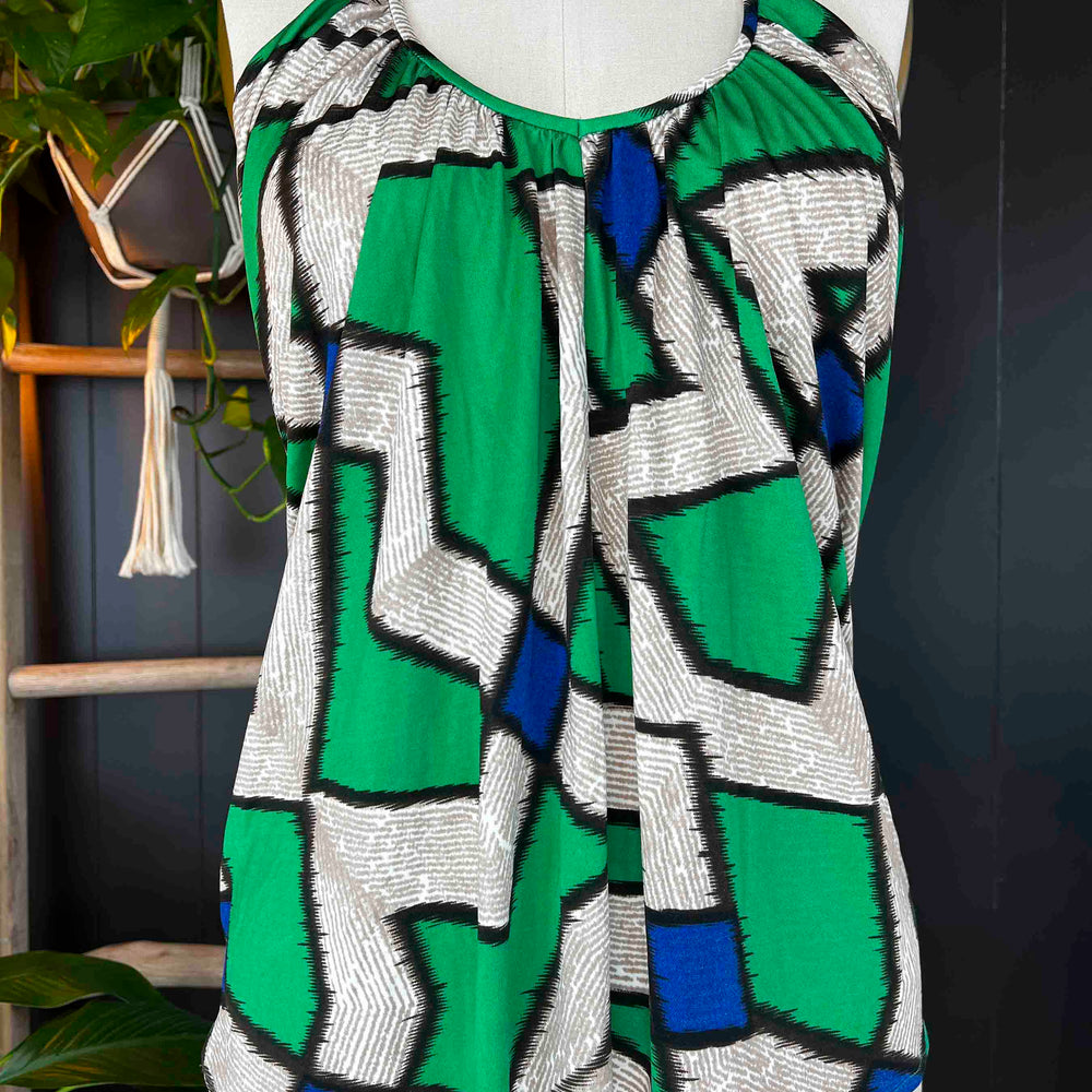 Pre-loved Tie Halter Cowl Back Top - Green Abstract - Size M