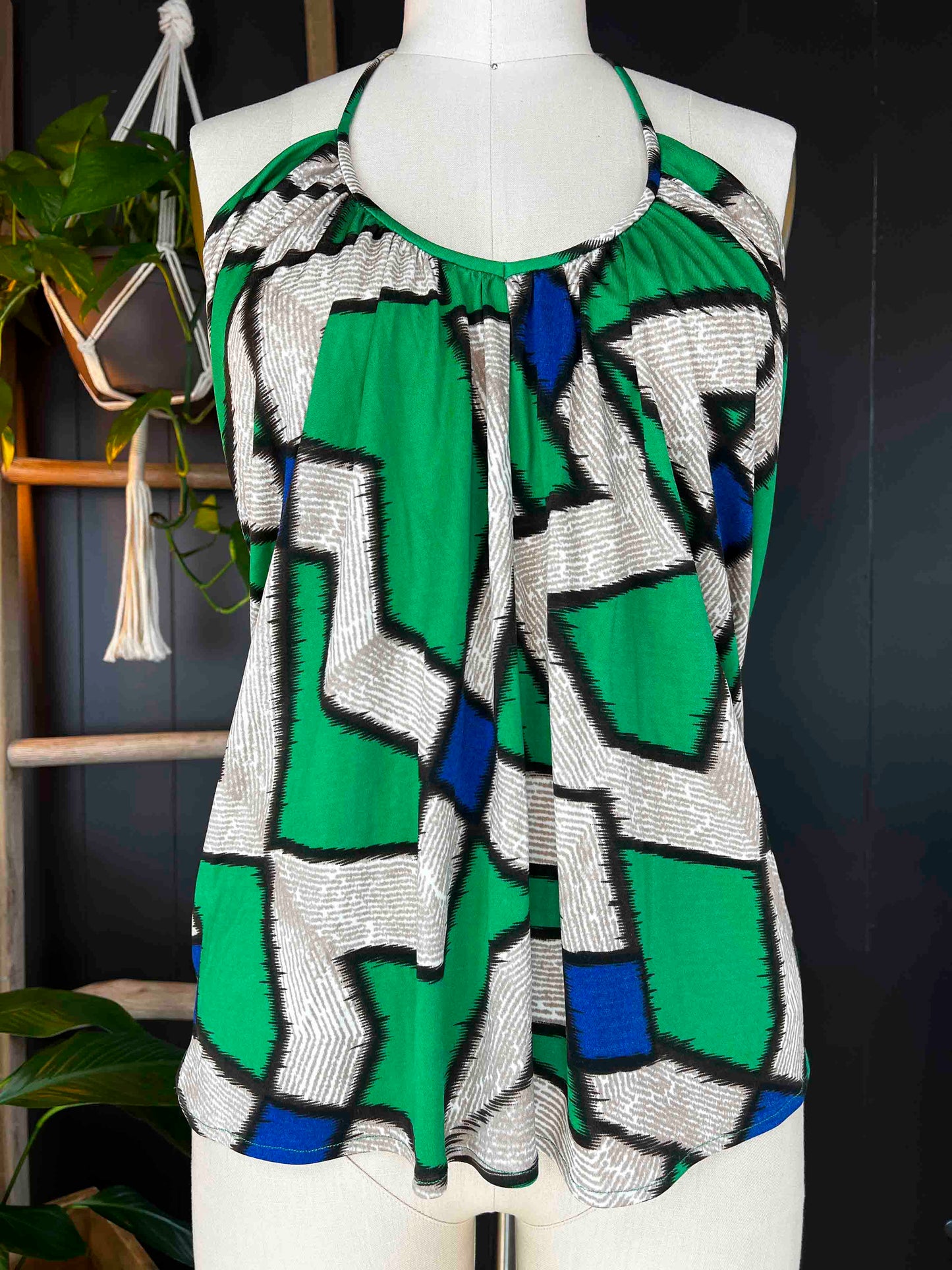 Pre-loved Tie Halter Cowl Back Top - Green Abstract - Size M