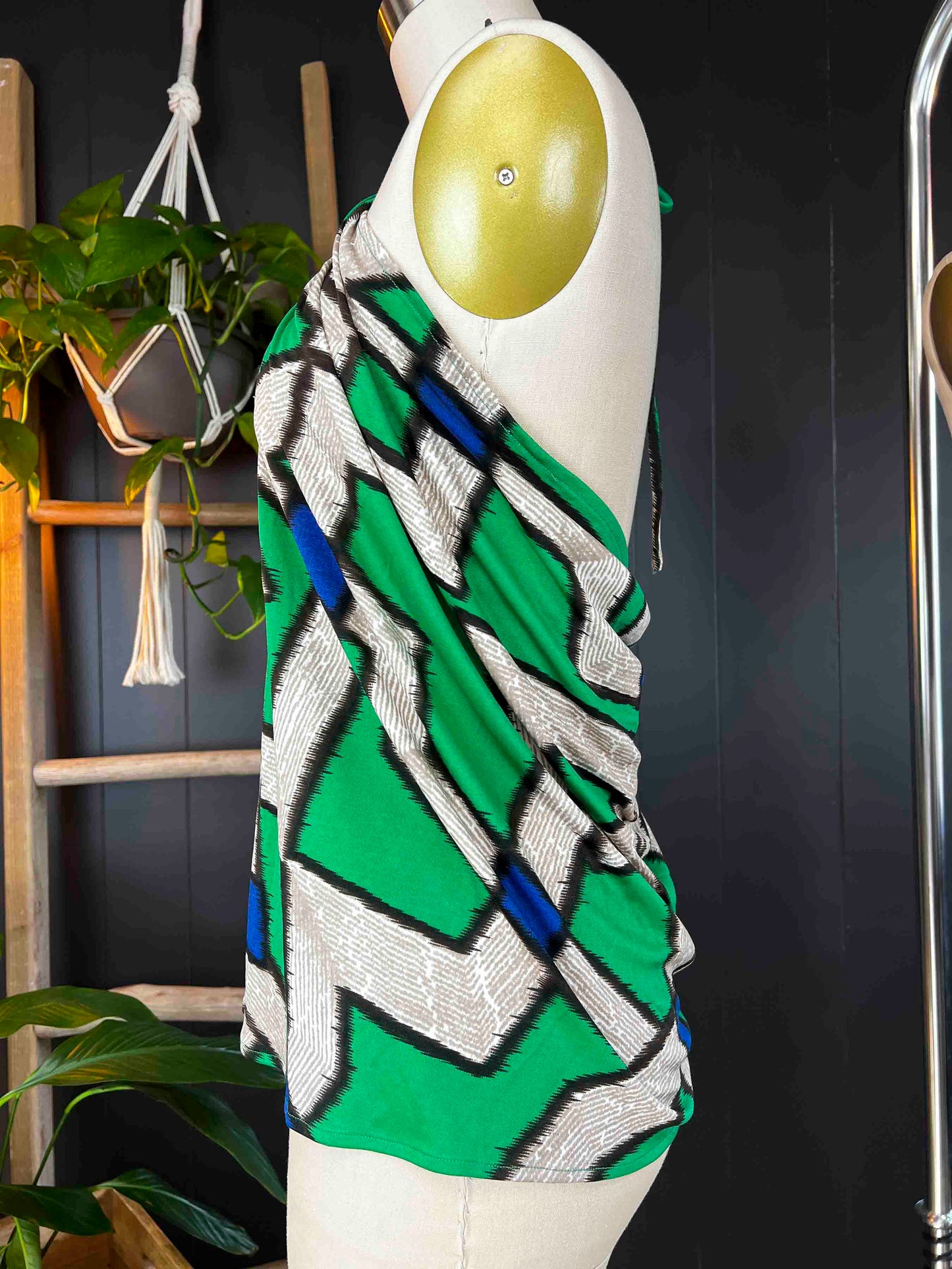 Pre-loved Tie Halter Cowl Back Top - Green Abstract - Size M