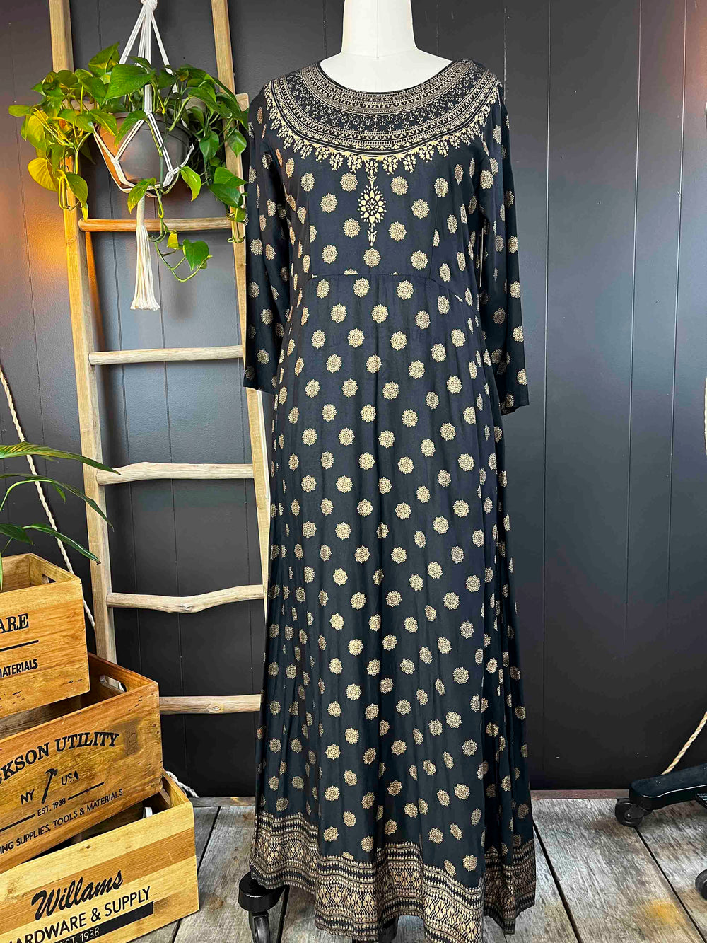 Pre-Loved Black Cotton Long Sleeve Maxi Dress with Gold Patterns - Size L