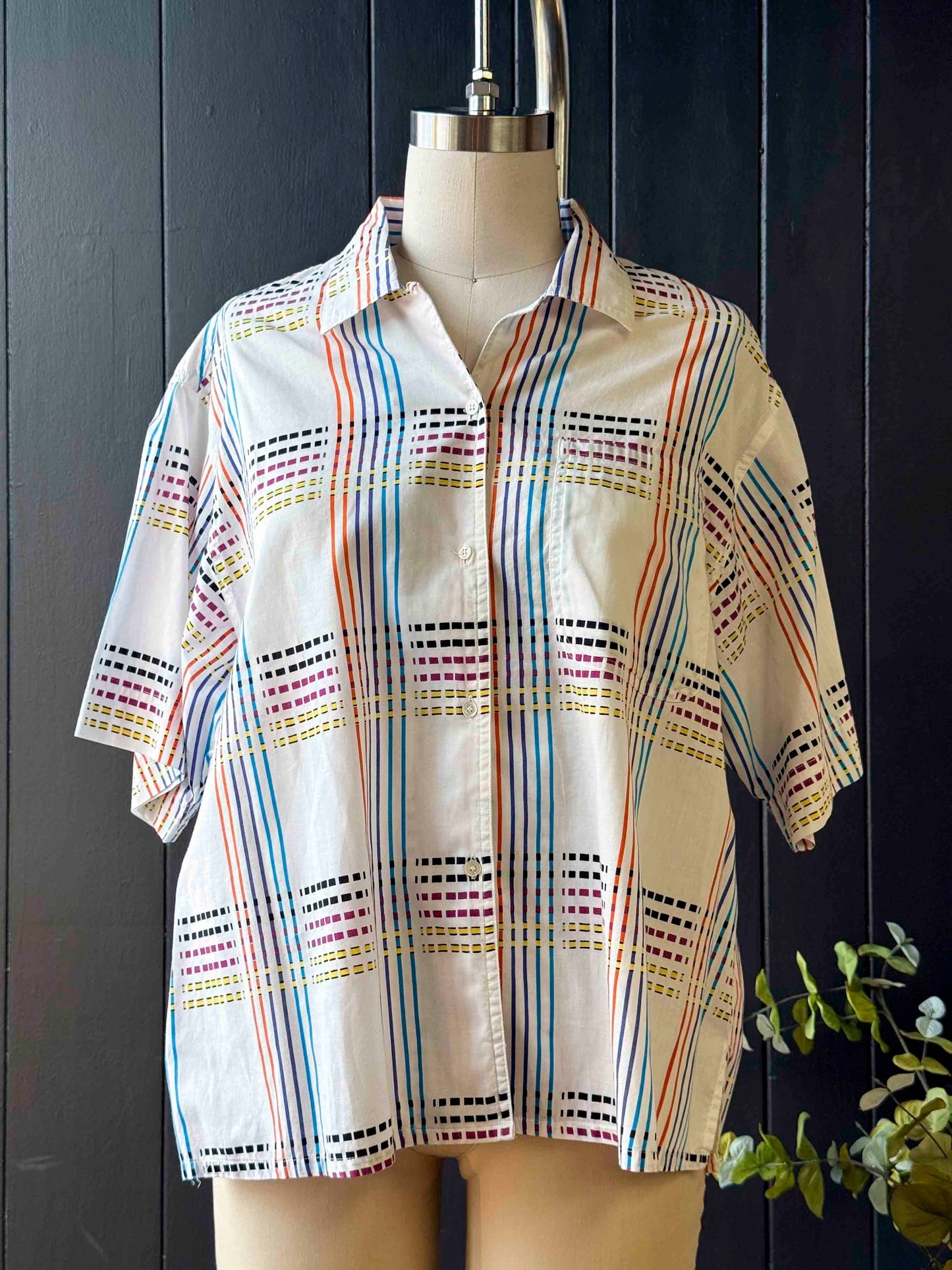 Vintage Unisex Esprit White Button Up with Colorful Checker Pattern - Size M