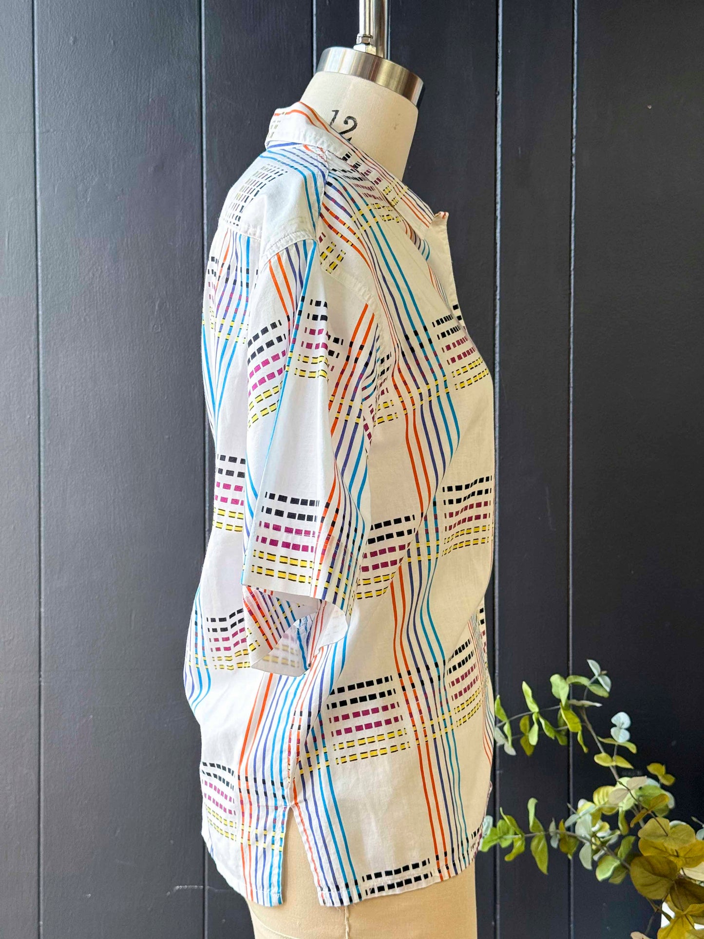 Vintage Unisex Esprit White Button Up with Colorful Checker Pattern - Size M