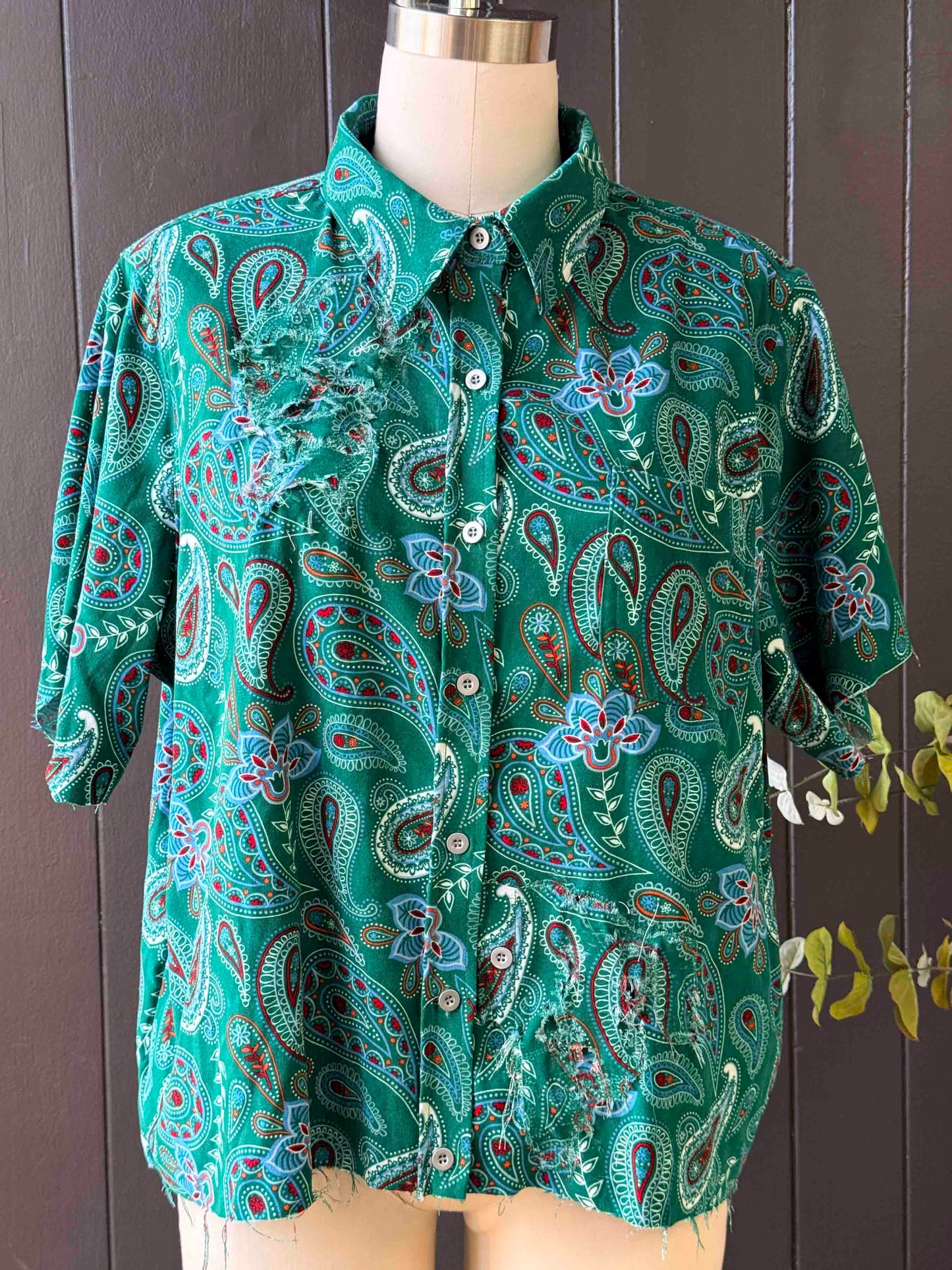 WAEV Upcycled Green Paisley Button Up Shirt - 1X
