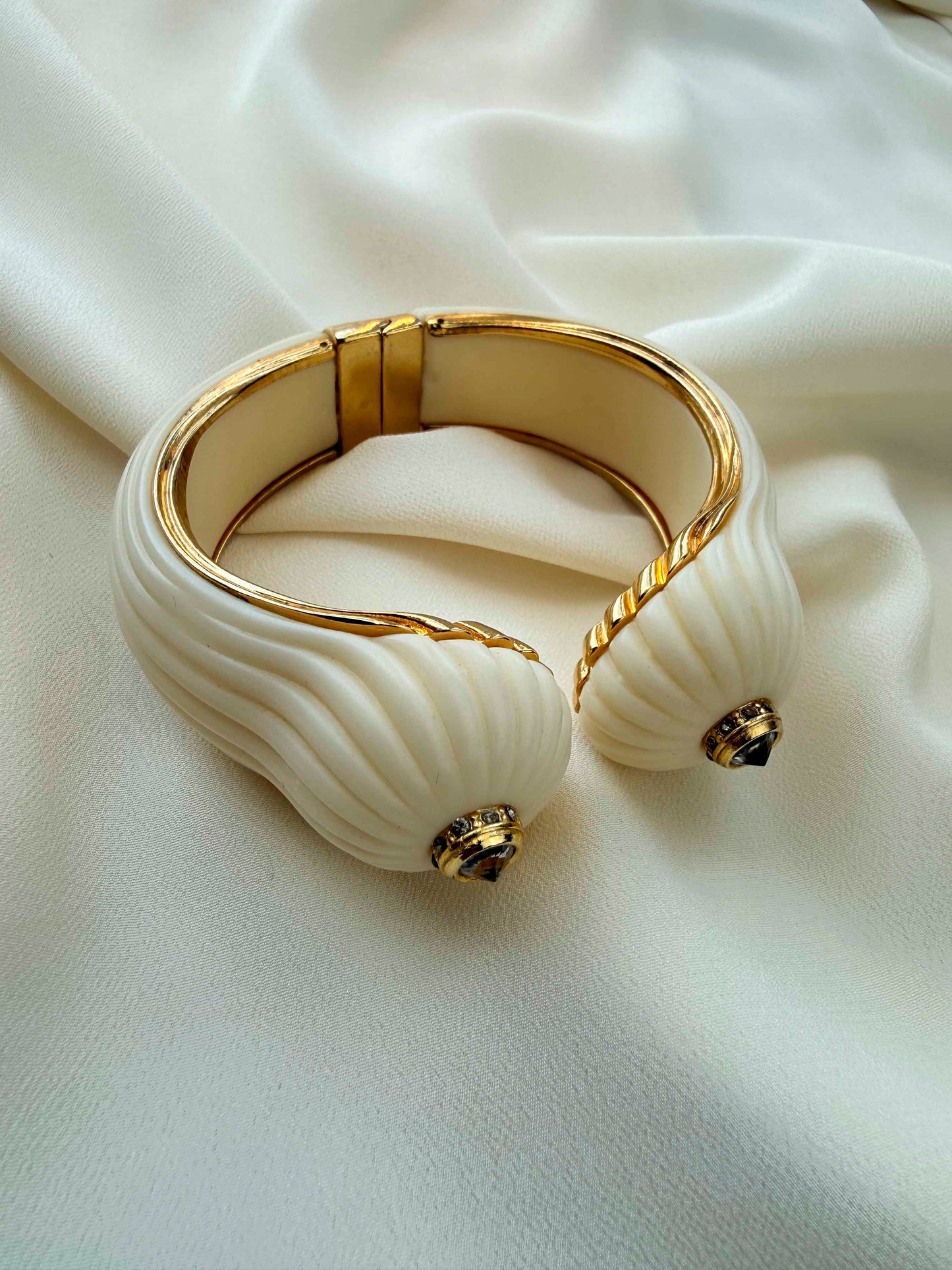 Pre-loved Carolina Valencia White And Gold Cuff With Rhinestones