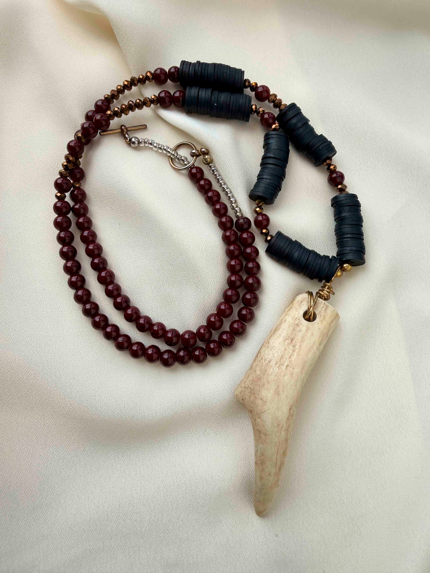 Vintage Red Beaded Necklace With Antler Pendant