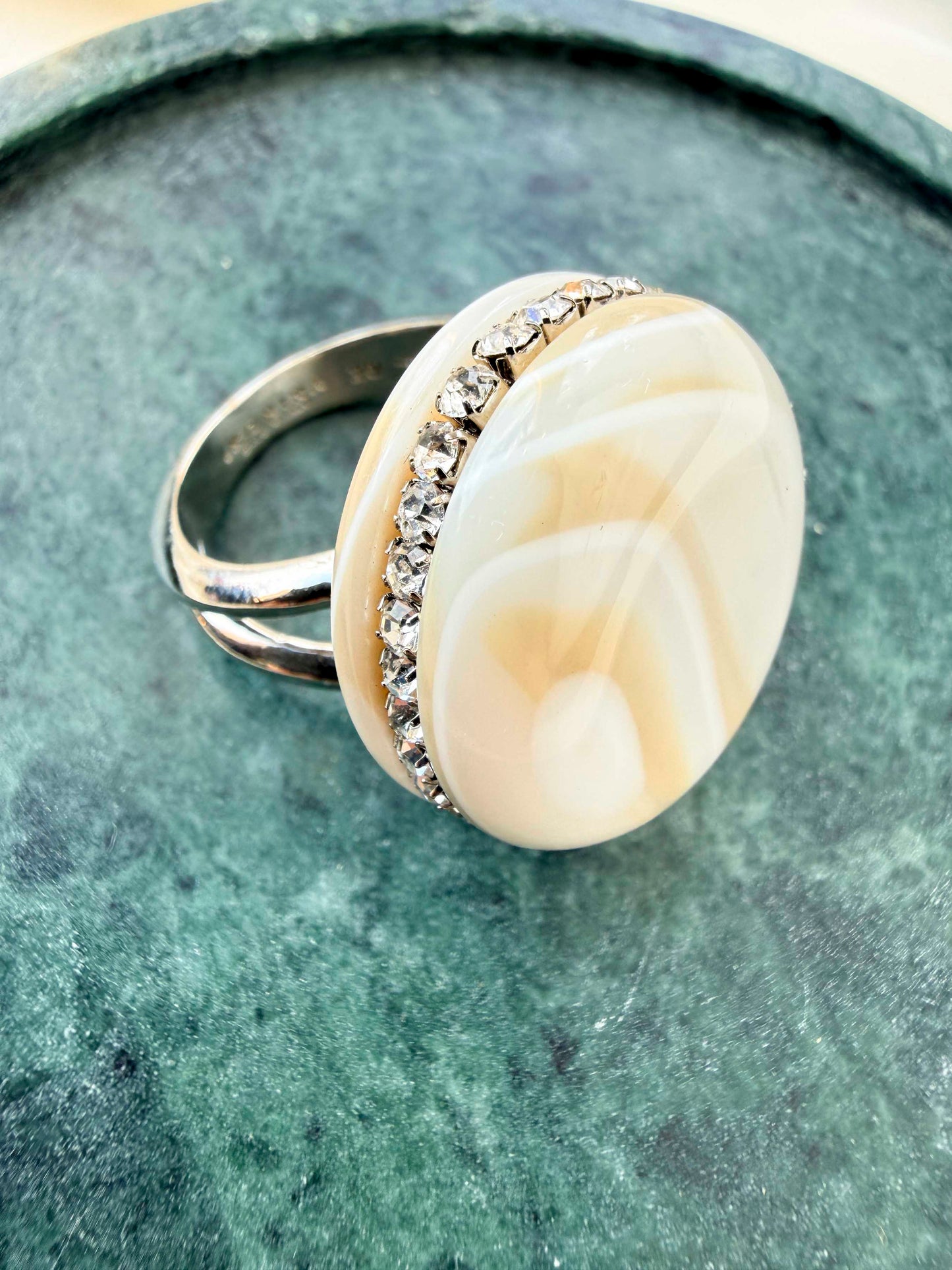 Vintage Pearlescent Ring With Rhinestones - Size 9