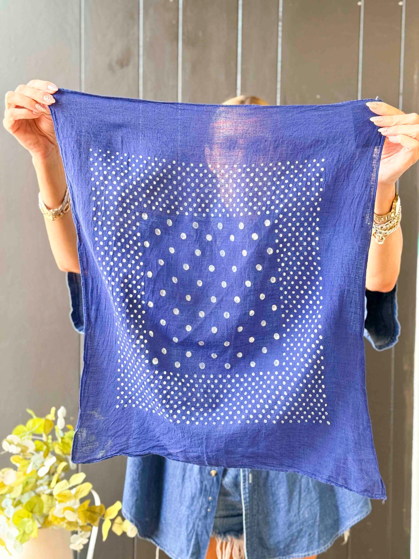 Vintage Navy & White Polka Dot Cotton Bandana Scarf - 23”x19”