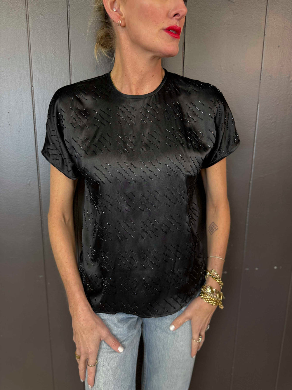 Vintage Jones New York Silk Sequined Black Blouse - Size S