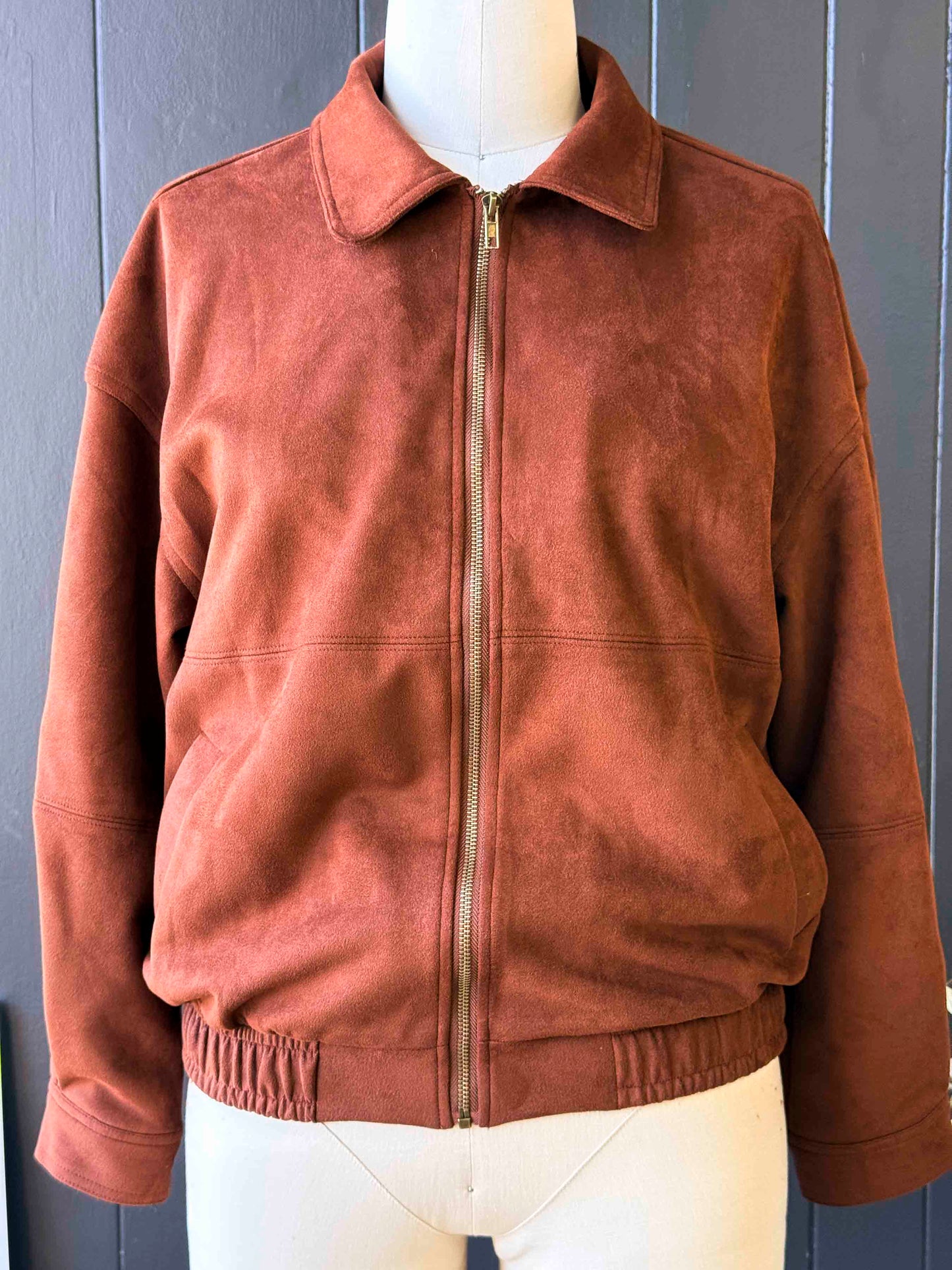 Preloved Faux Suede Oversized Brick Bomber Jacket - Size S
