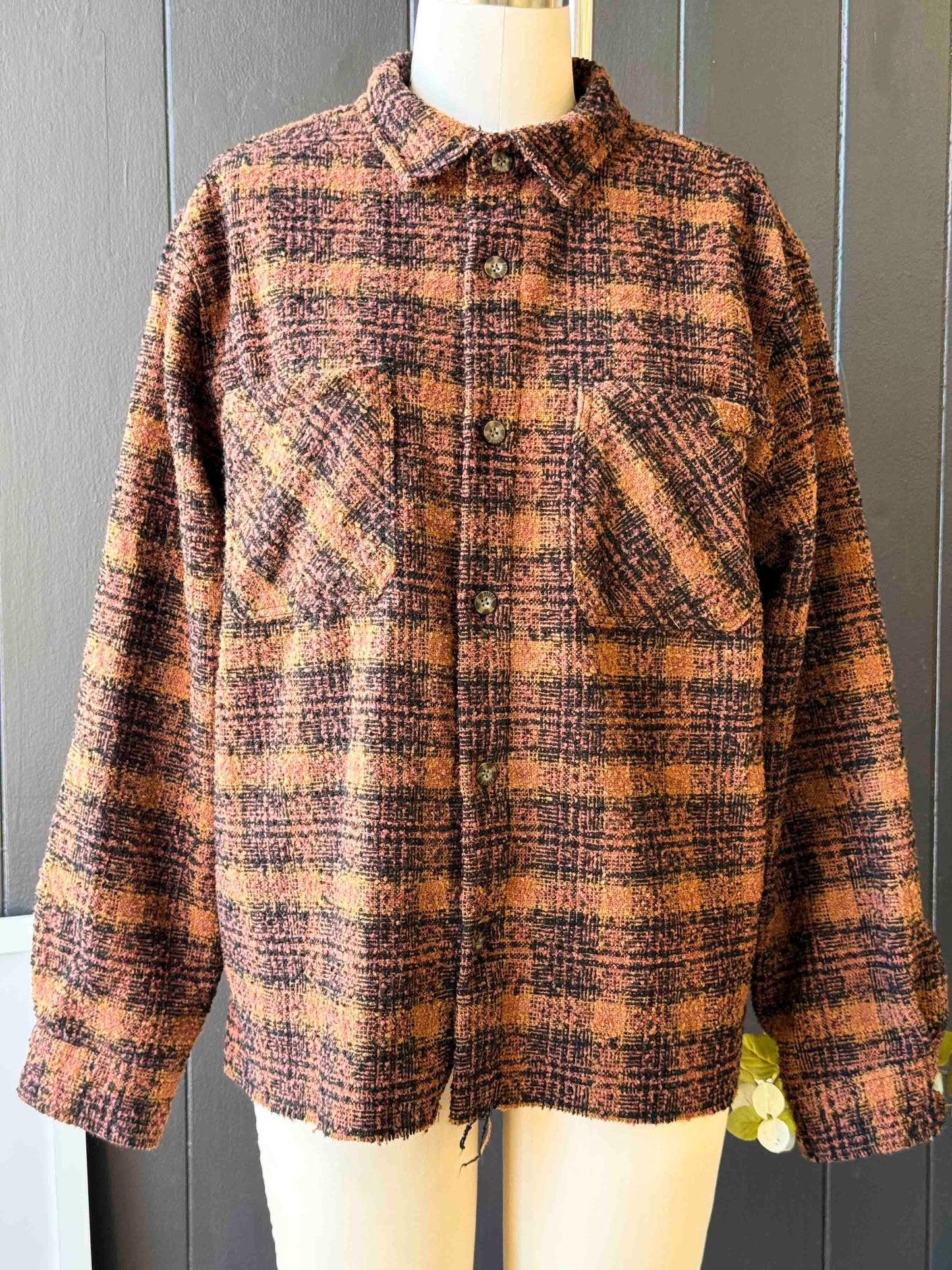 Preloved Terra Cotta Boucle Plaid Shirt Jacket - Size L