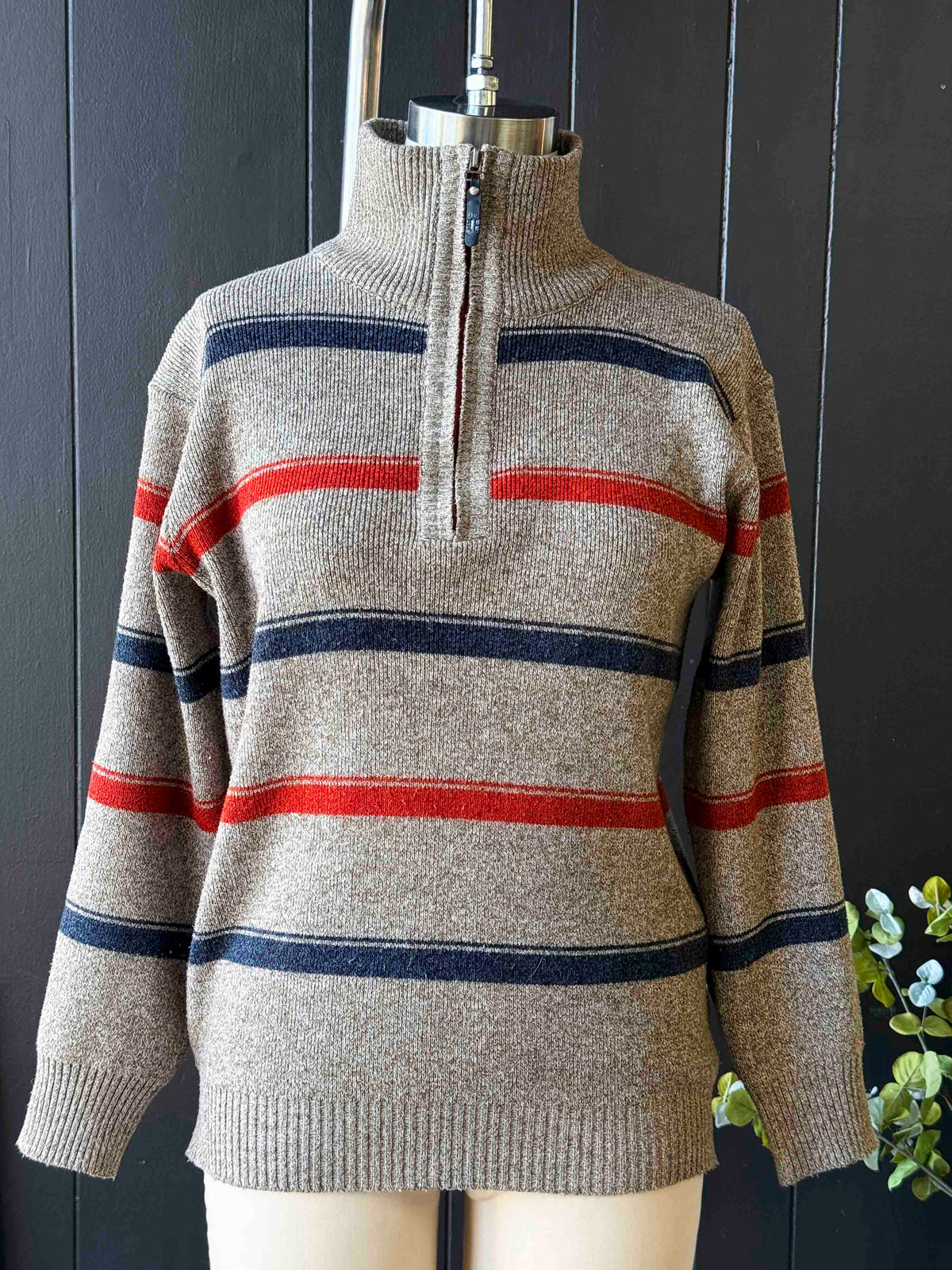 Vintage 3/4 Zip Beige Striped Sweater - Size M