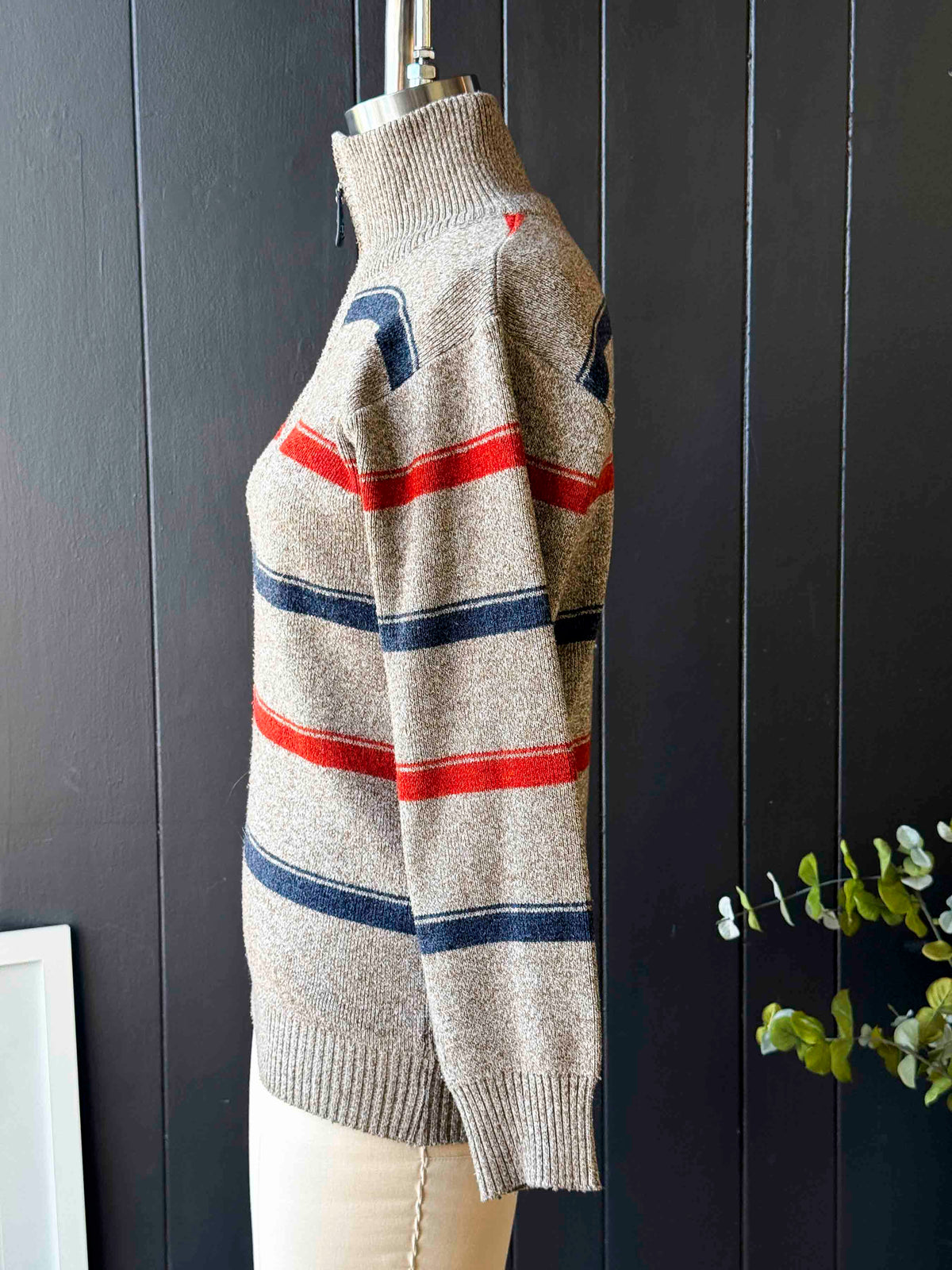 Vintage 3/4 Zip Beige Striped Sweater - Size M