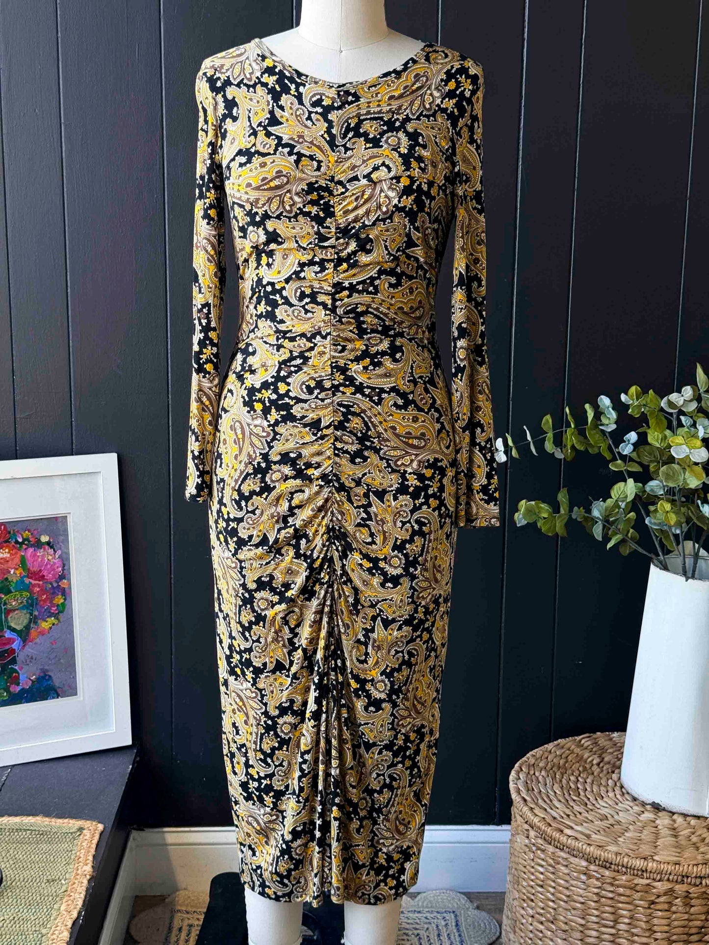 Pre-loved Joie Yellow And Black Paisley Long Sleeve Dress - Size L