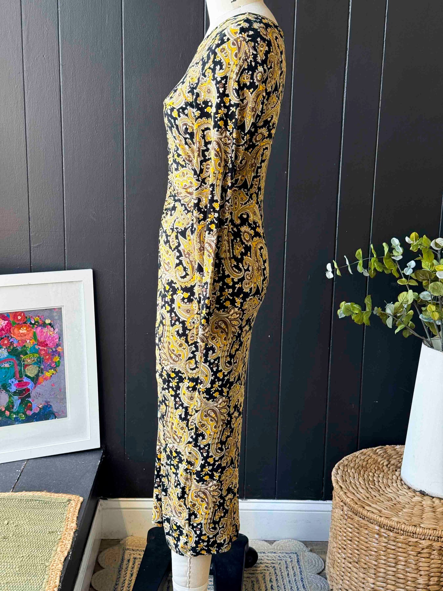 Pre-loved Joie Yellow And Black Paisley Long Sleeve Dress - Size L