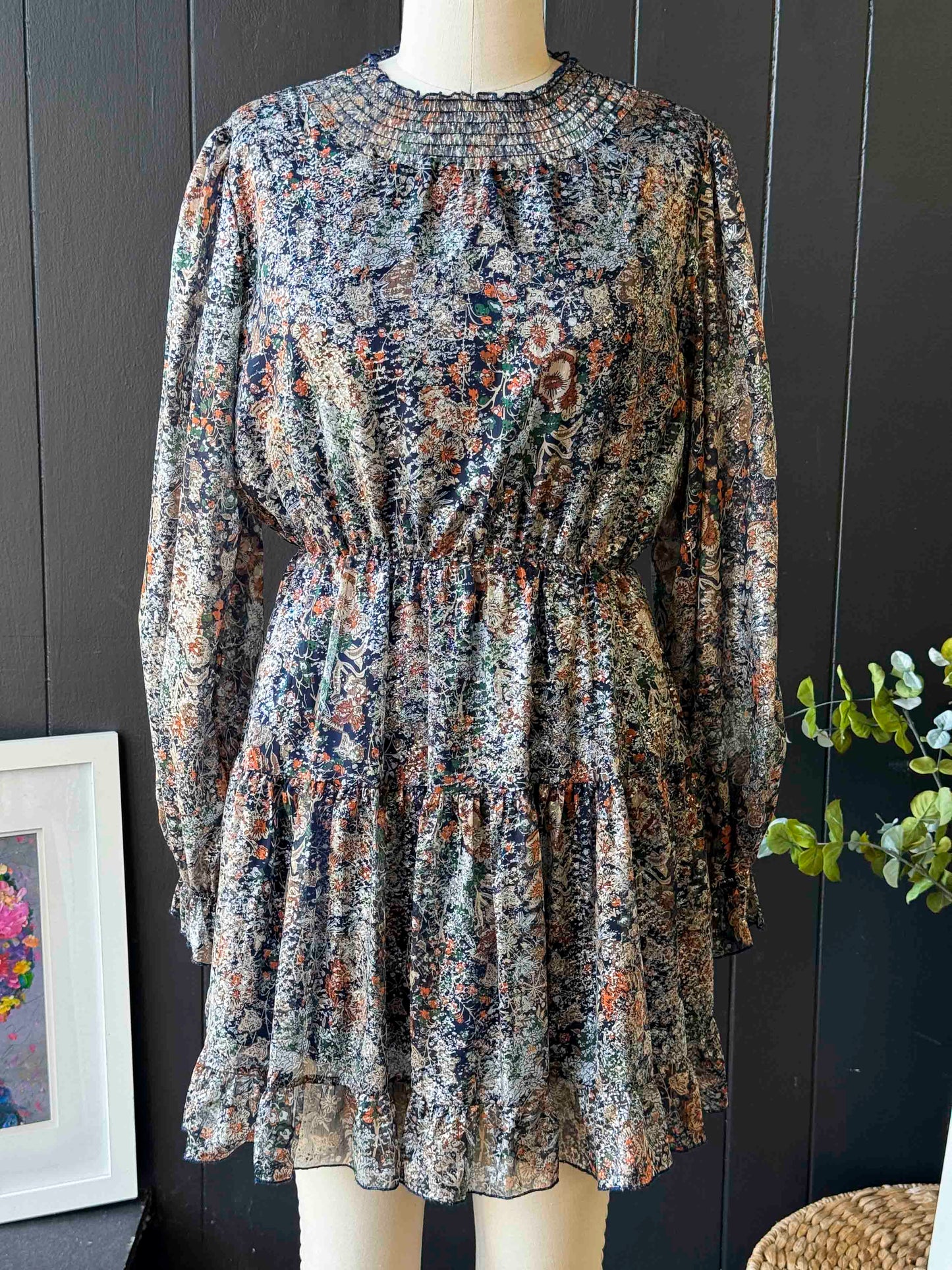 Pre-loved O.P.T Dark Floral Metallic Long Sleeve Dress - Size M