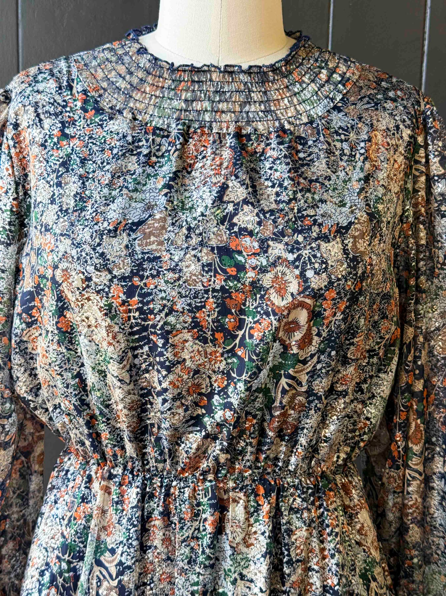 Pre-loved O.P.T Dark Floral Metallic Long Sleeve Dress - Size M