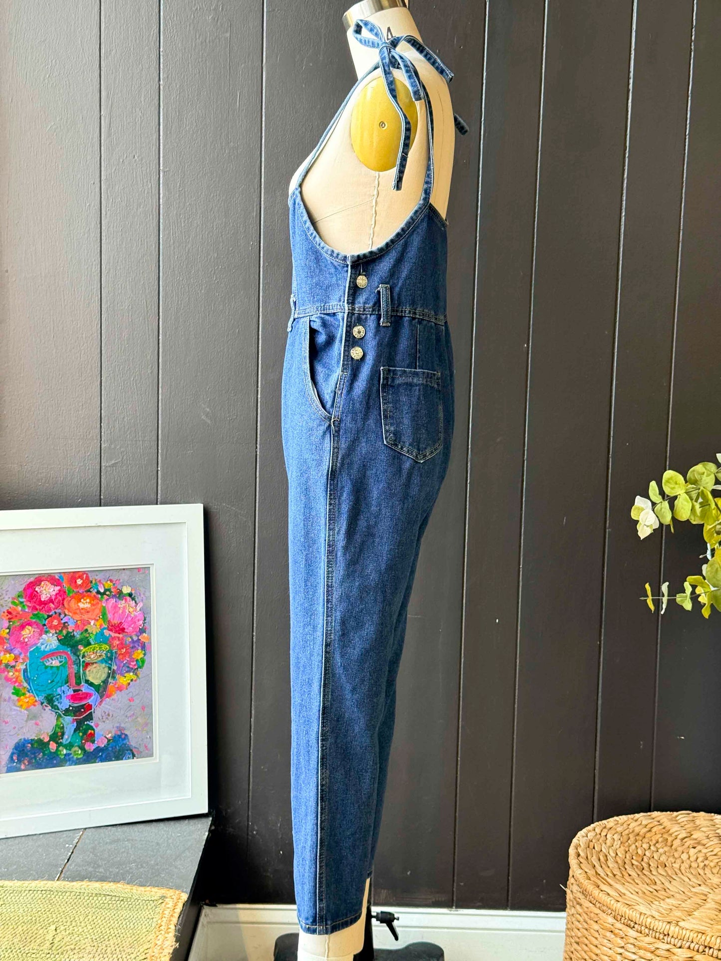 Pre-loved Blue Denim Underbust Jumpsuit With Thin Straps - Size S