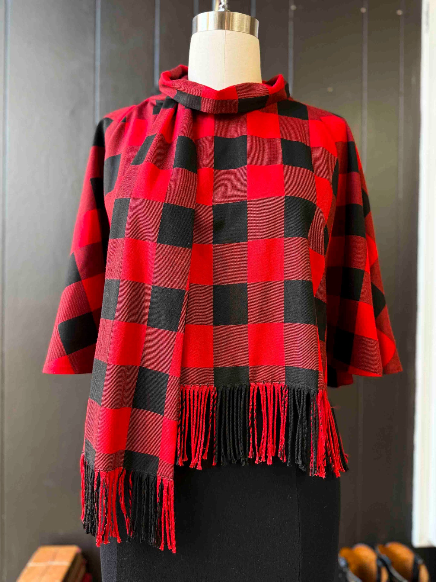 Pre-loved Red & Black Check Cape - Size M