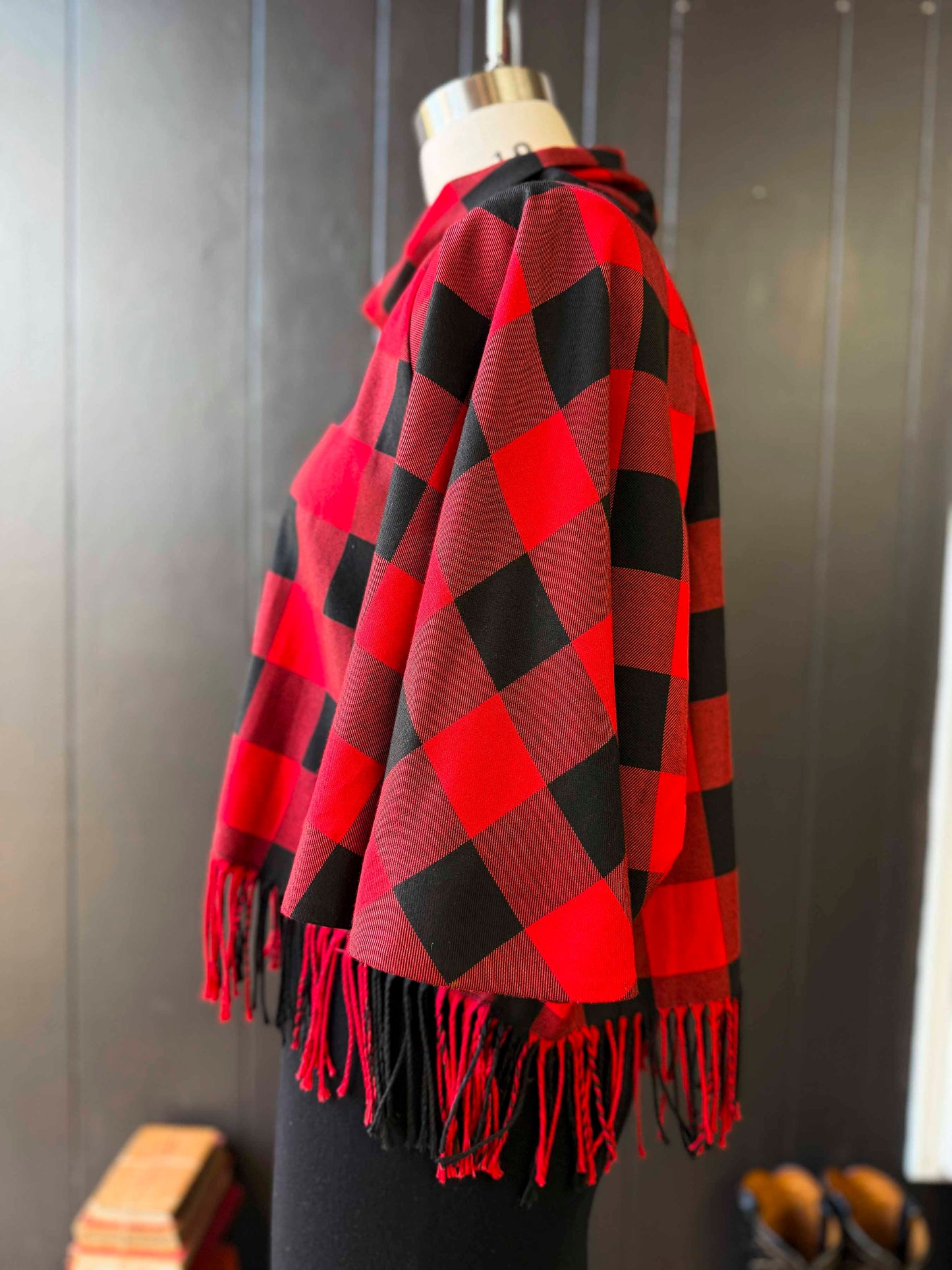 Pre-loved Red & Black Check Cape - Size M