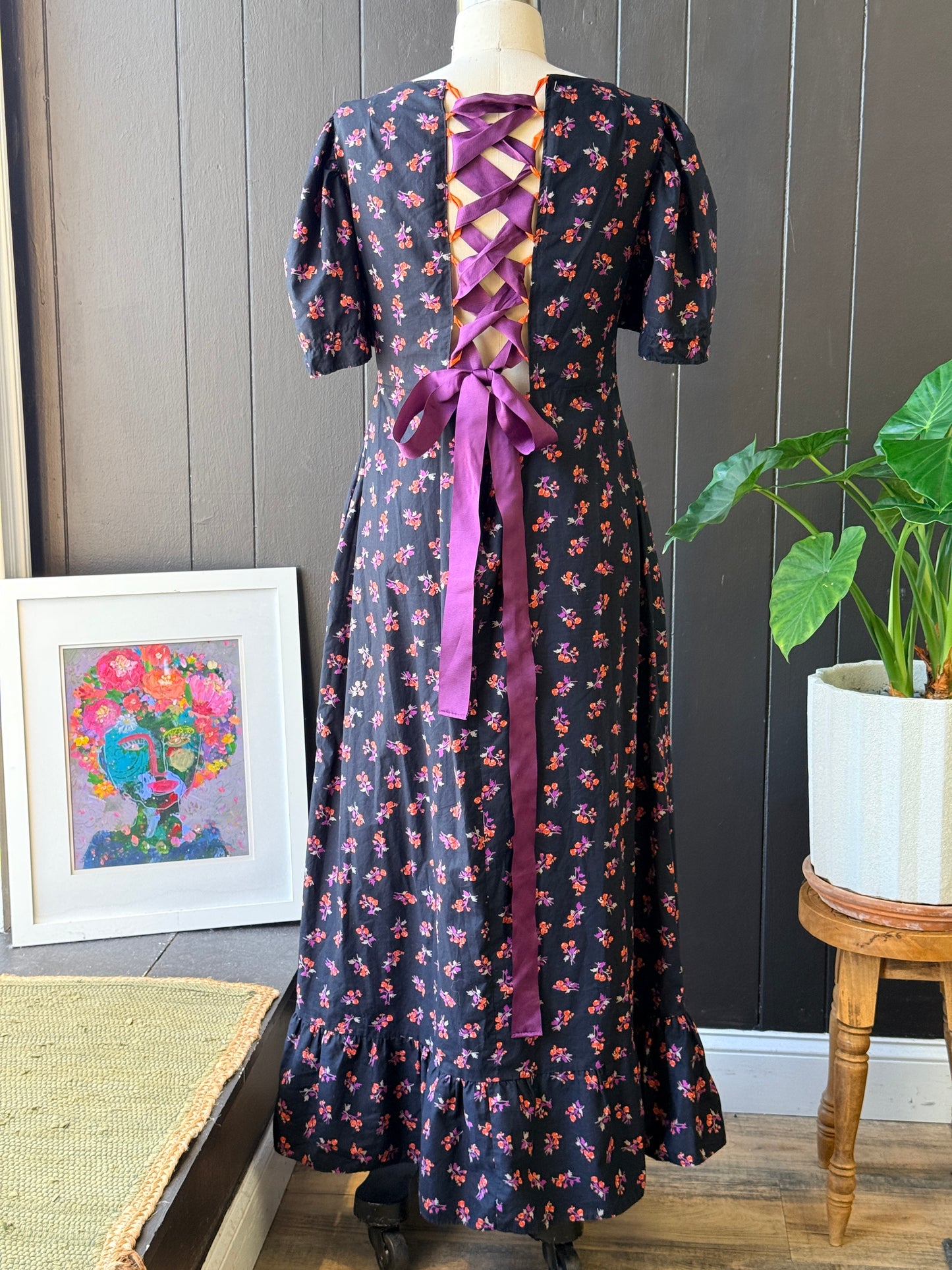 Preloved Handmade Peasant Dress with Lace-up Back