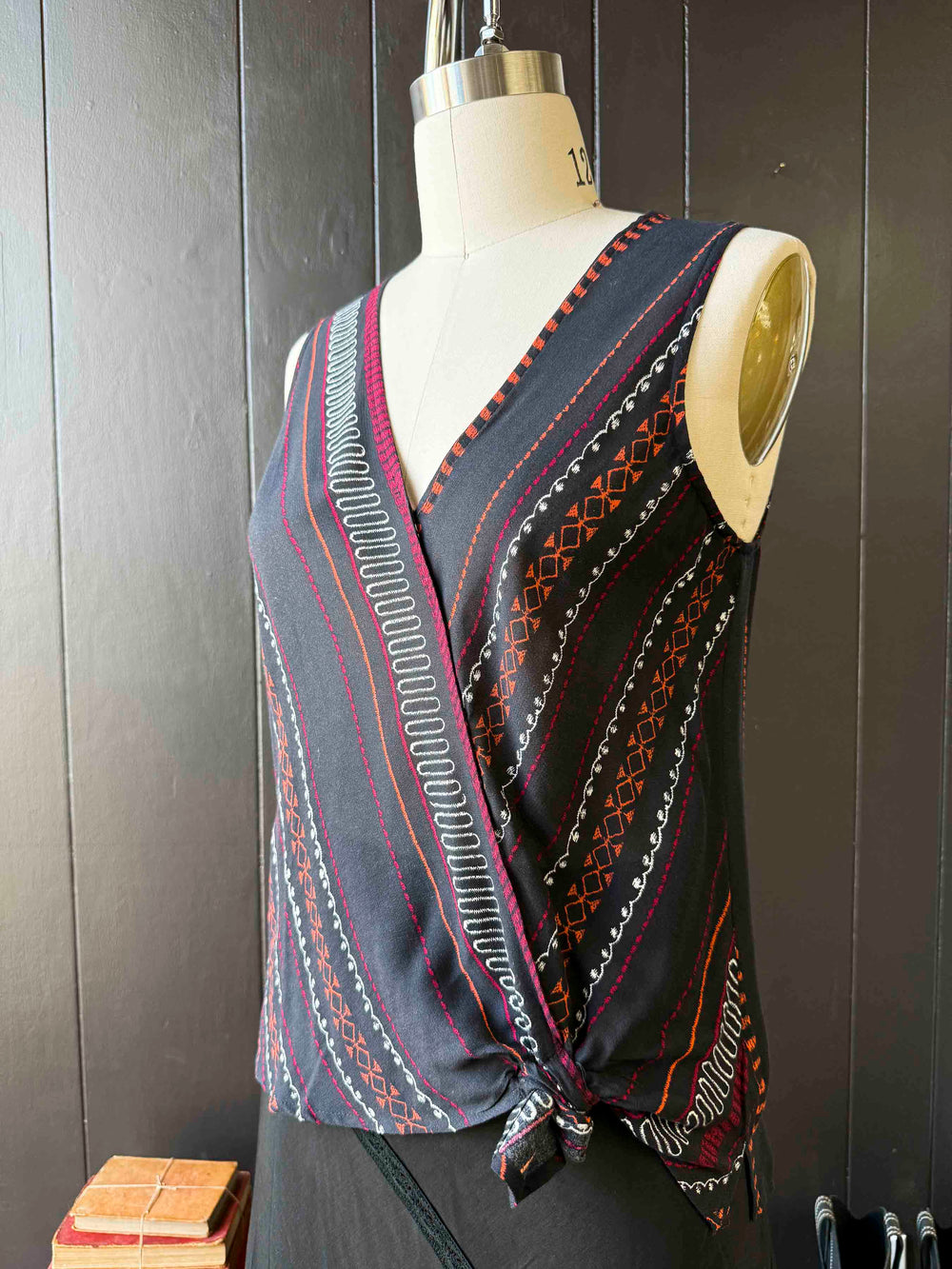 Pre-loved Black Red & Orange Patterned Top - Size S