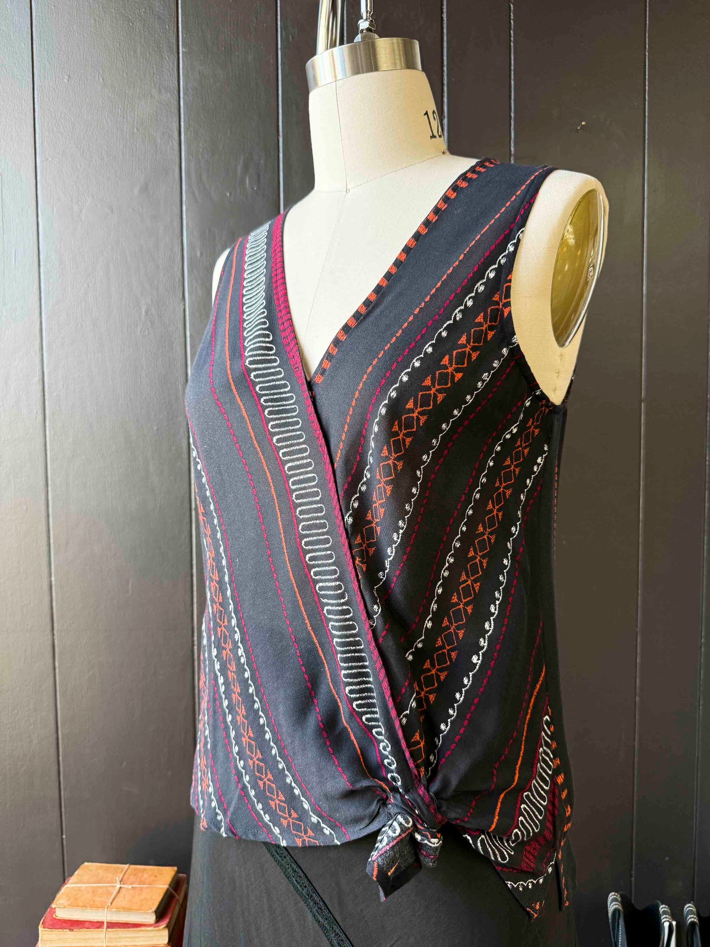 Pre-loved Black Red & Orange Patterned Top - Size S
