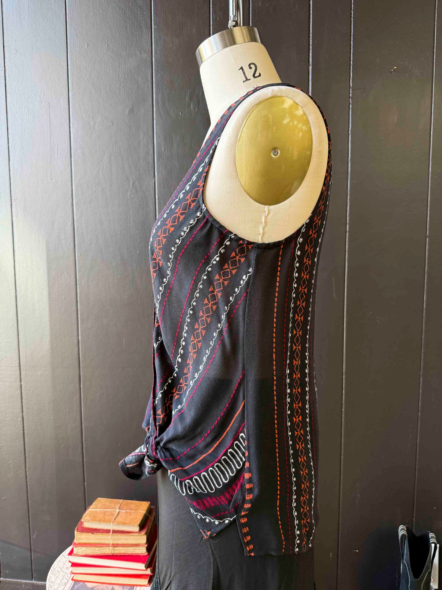 Pre-loved Black Red & Orange Patterned Top - Size S