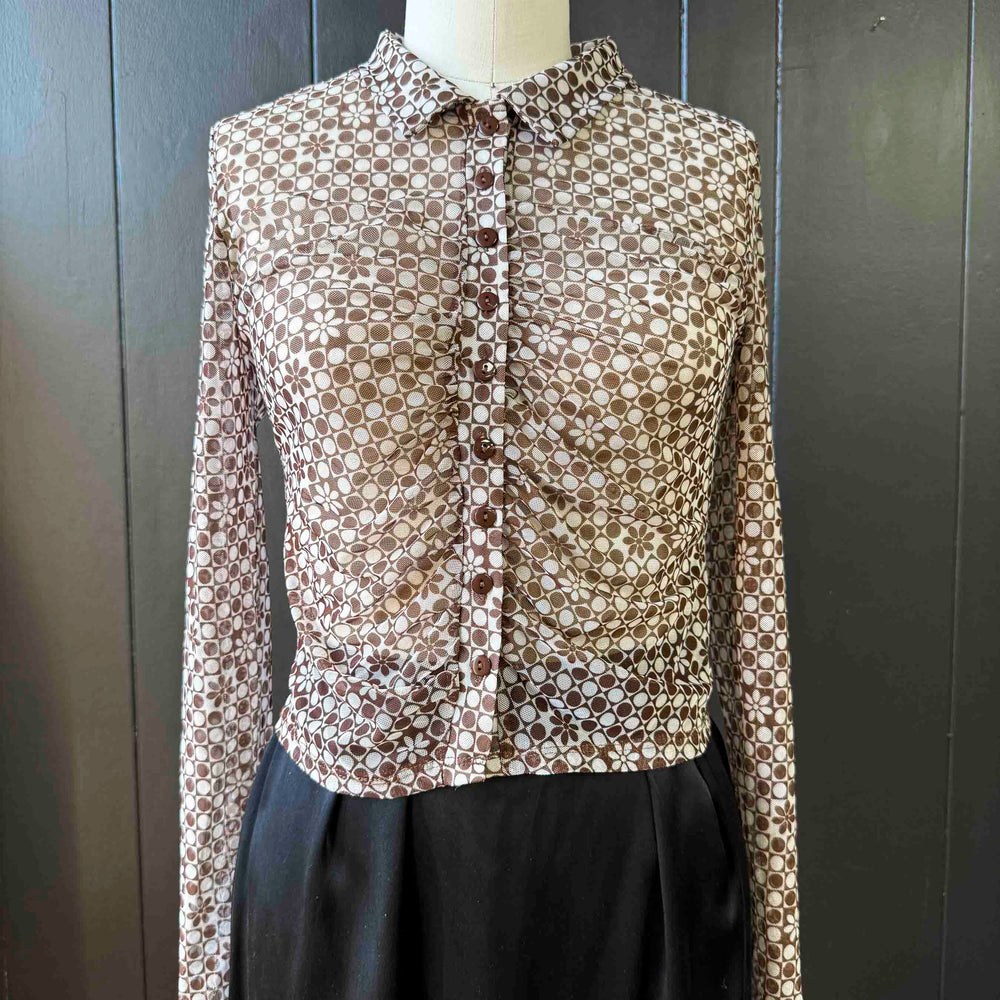Pre-loved Brown & White Polka Dot & Flower Blouse - Size M
