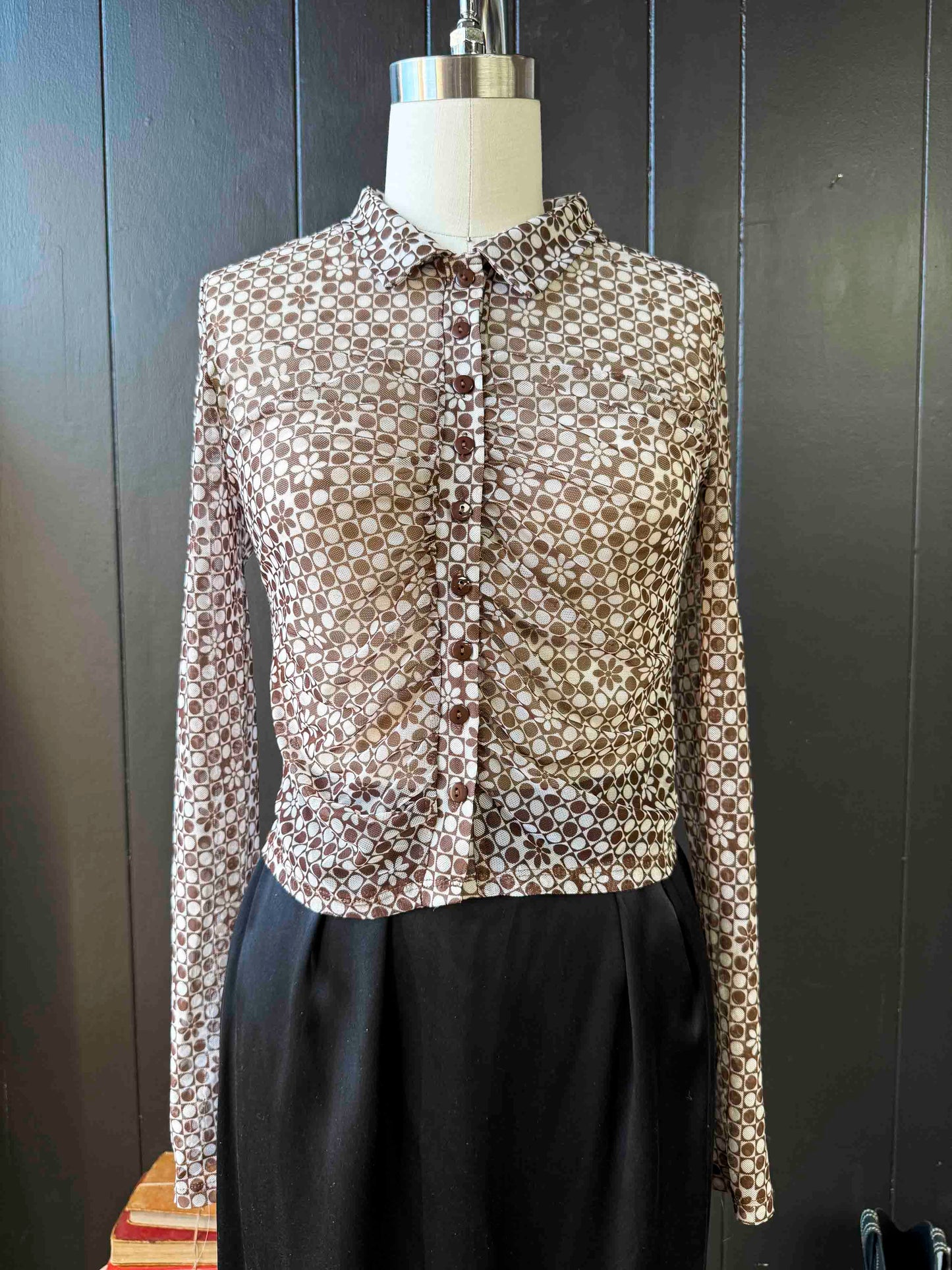 Pre-loved Brown & White Polka Dot & Flower Blouse - Size M