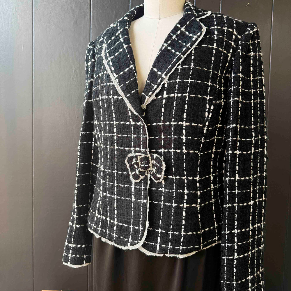 Vintage Black & White Tweed Rhinestone Bow Blazer - Size L