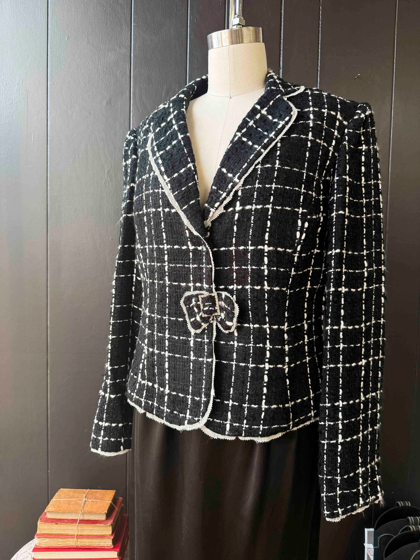 Vintage Black & White Tweed Rhinestone Bow Blazer - Size L