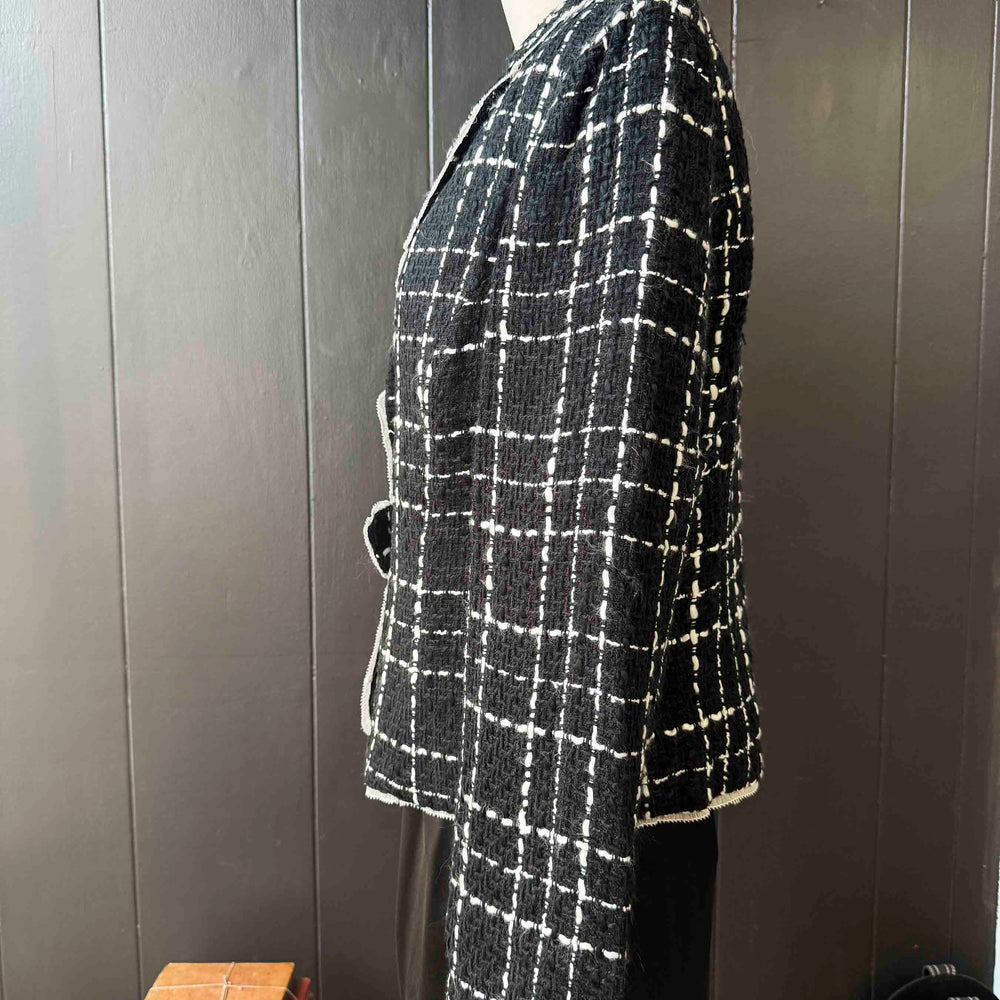 Vintage Black & White Tweed Rhinestone Bow Blazer - Size L