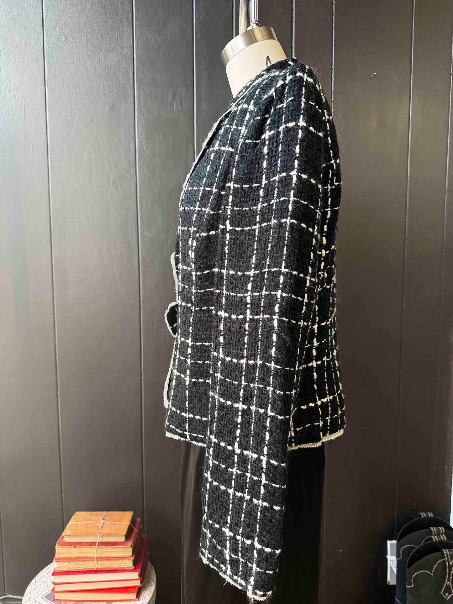 Vintage Black & White Tweed Rhinestone Bow Blazer - Size L
