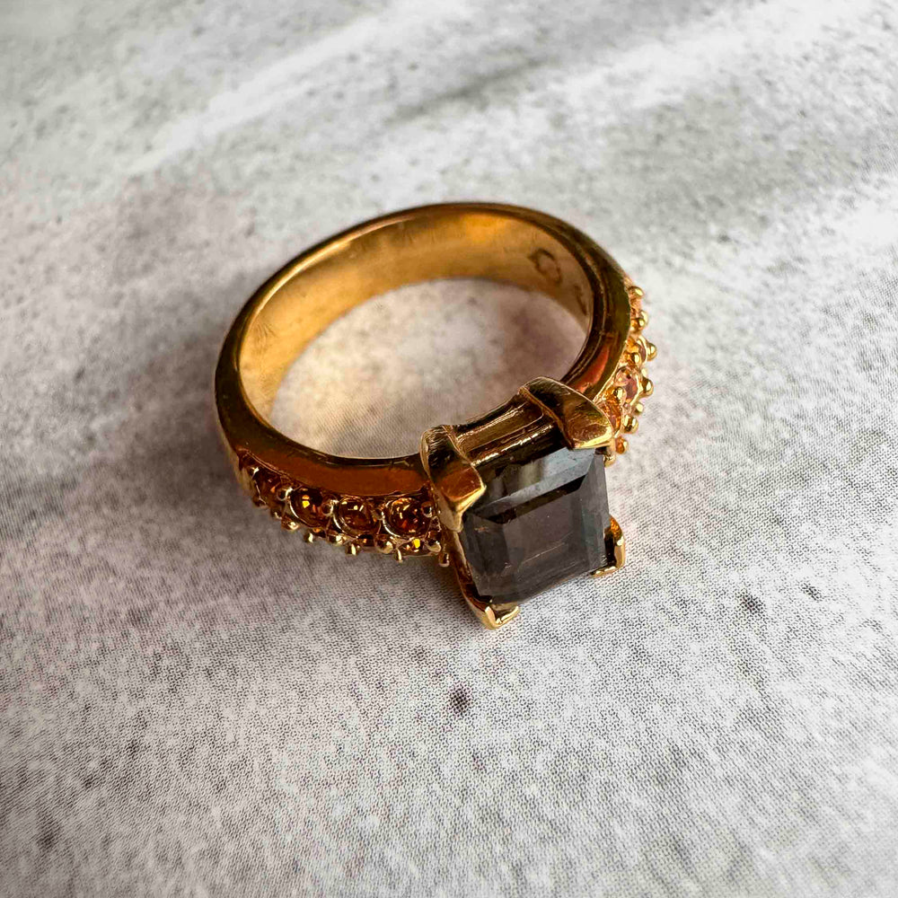 Vintage Golden Swarovski Smoky Quartz Statement Ring – Size 6