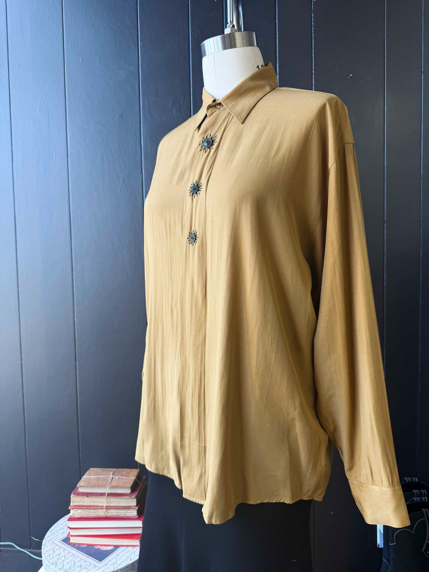 Vintage Tan Embroidered Button-down Top - Size M