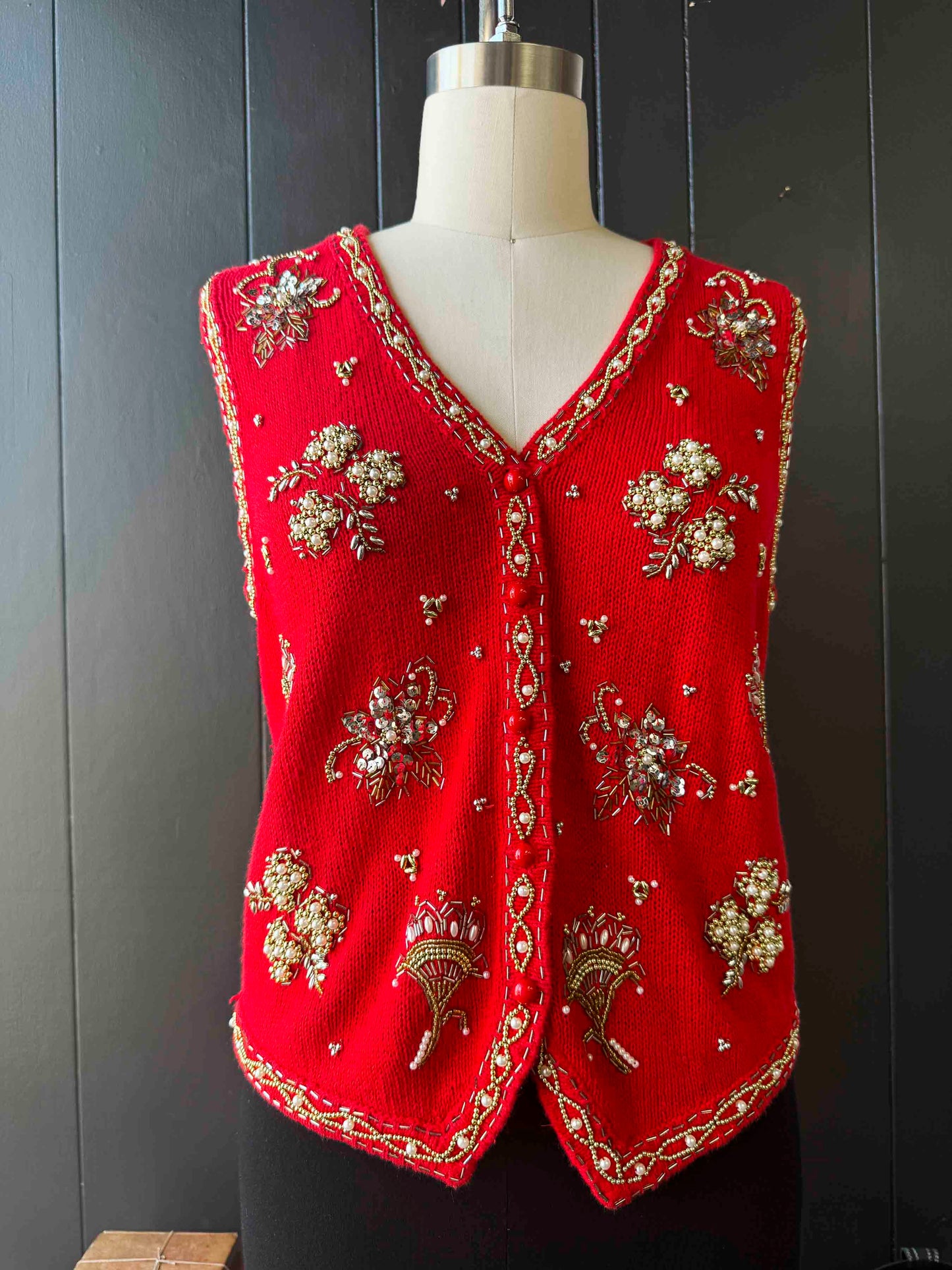 Vintage Red Yarnworks Holiday Beaded Sweater Vest - Size M