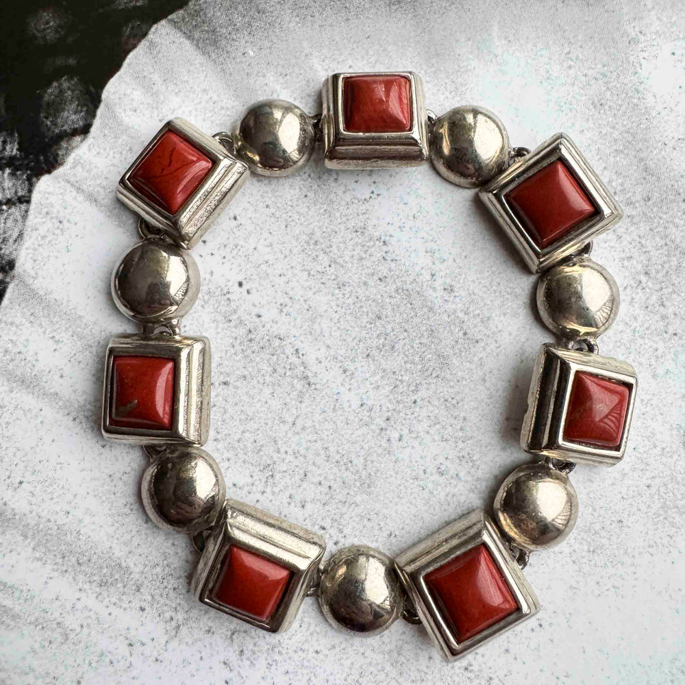 
                      
                        Vintage Sterling Silver & Red Coral Panel Bracelet
                      
                    